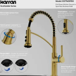 Karran Scottsdale 1.8 GPM Single Lever Lead-free Brass ADA Kitchen Faucet, Pull-Down, Spot-Free Brushed Gold, KKF740SFBG