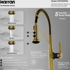 Karran Scottsdale 1.8 GPM Single Lever Lead-free Brass ADA Kitchen Faucet, Pull-Down, Spot-Free Brushed Gold, KKF740SFBG