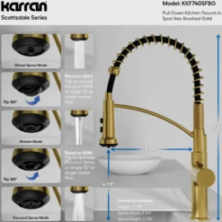 Karran Scottsdale 1.8 GPM Single Lever Lead-free Brass ADA Kitchen Faucet, Pull-Down, Spot-Free Brushed Gold, KKF740SFBG