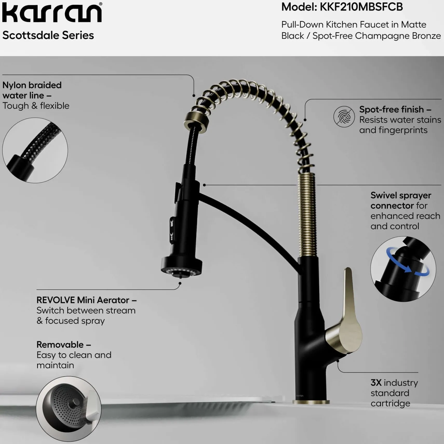 Karran Scottsdale 1.8 GPM Single Lever Handle Lead-free Brass ADA Kitchen Faucet, Pull-Down, Matte Black & Spot-Free Champagne Bronze, KKF210MBSFCB