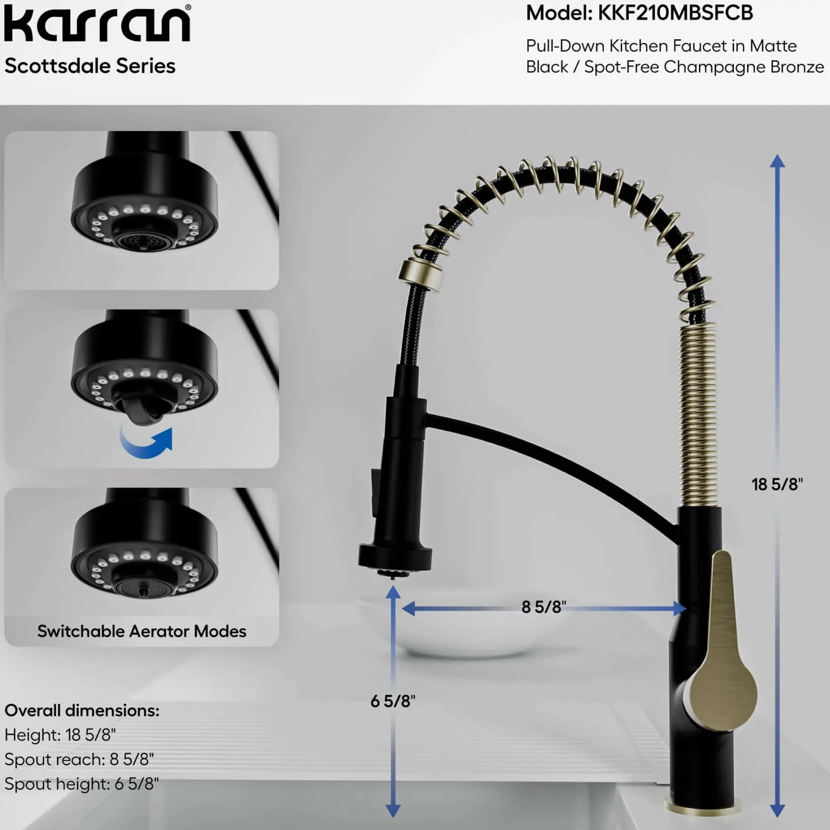Karran Scottsdale 1.8 GPM Single Lever Handle Lead-free Brass ADA Kitchen Faucet, Pull-Down, Matte Black & Spot-Free Champagne Bronze, KKF210MBSFCB
