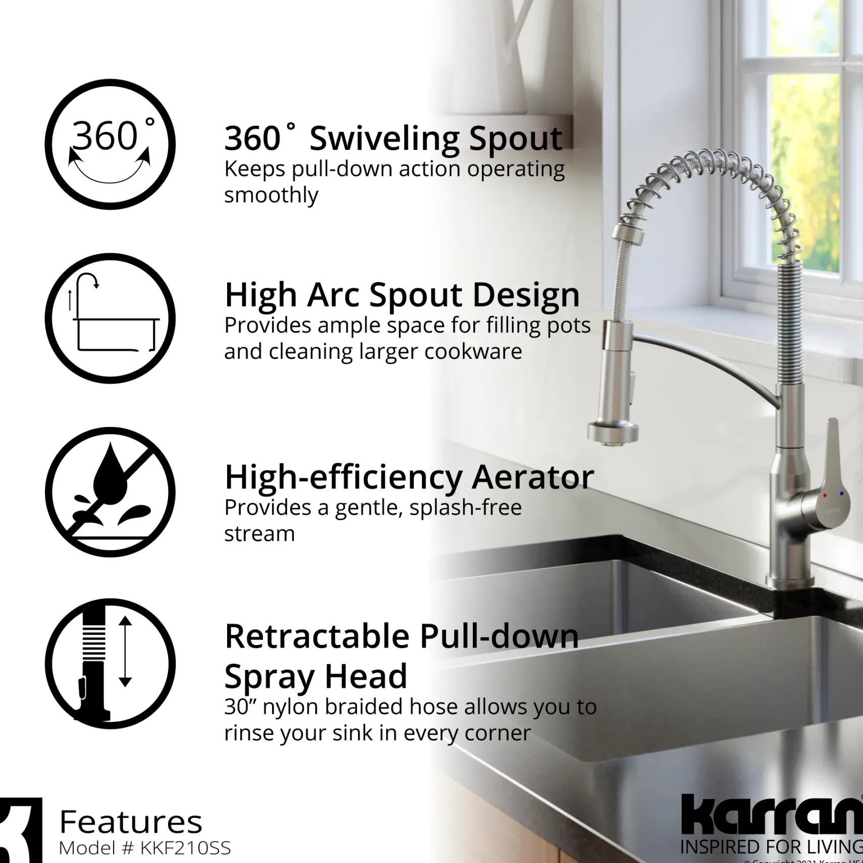 Karran Scottsdale 1.8 GPM Single Lever Handle Lead-free Brass ADA Kitchen Faucet, Pull-Down Kitchen, Stainless Steel, KKF210SD35SS