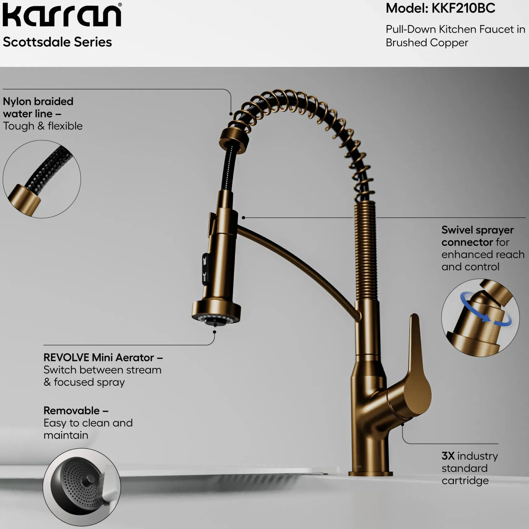 Karran Scottsdale 1.8 GPM Single Lever Handle Lead-free Brass ADA Kitchen Faucet, Pull-Down, Brushed Copper, KKF210BC
