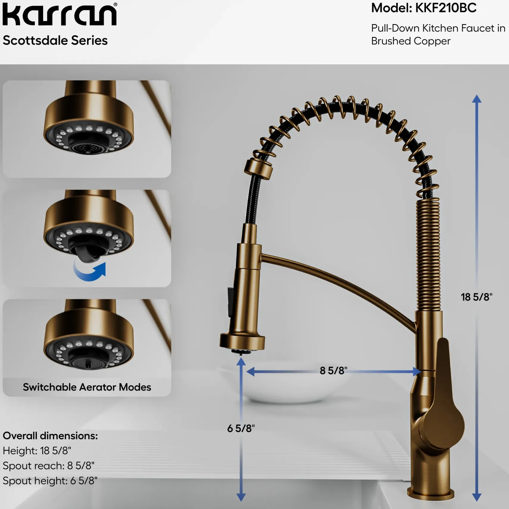 Karran Scottsdale 1.8 GPM Single Lever Handle Lead-free Brass ADA Kitchen Faucet, Pull-Down, Brushed Copper, KKF210BC