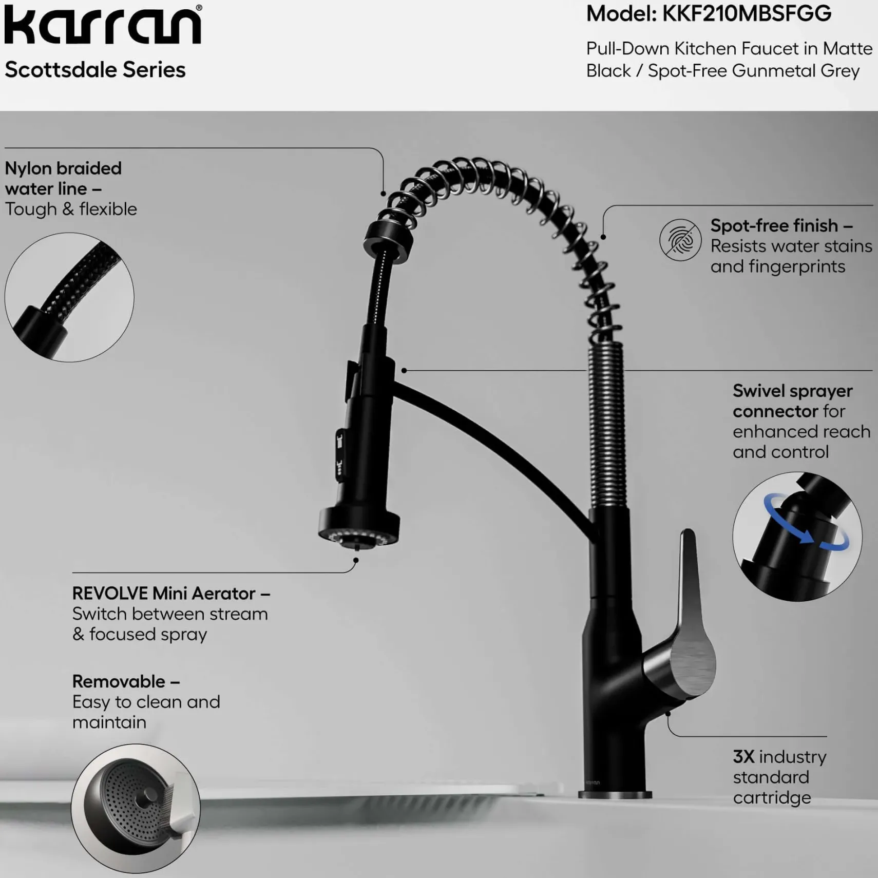 Karran Scottsdale 1.8 GPM Single Lever Handle Lead-free Brass ADA Kitchen Faucet, Pull-Down, Matte Black & Spot-Free Gunmetal Grey, KKF210MBSFGG