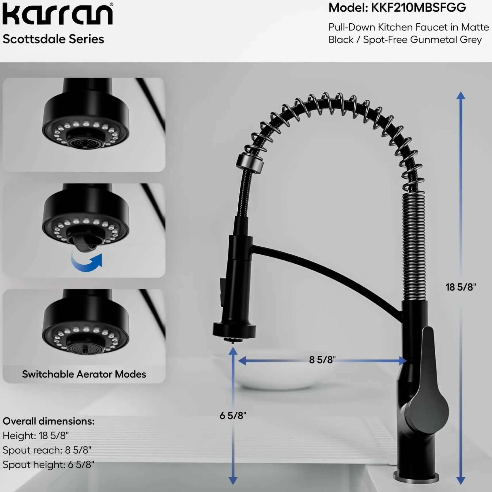Karran Scottsdale 1.8 GPM Single Lever Handle Lead-free Brass ADA Kitchen Faucet, Pull-Down, Matte Black & Spot-Free Gunmetal Grey, KKF210MBSFGG
