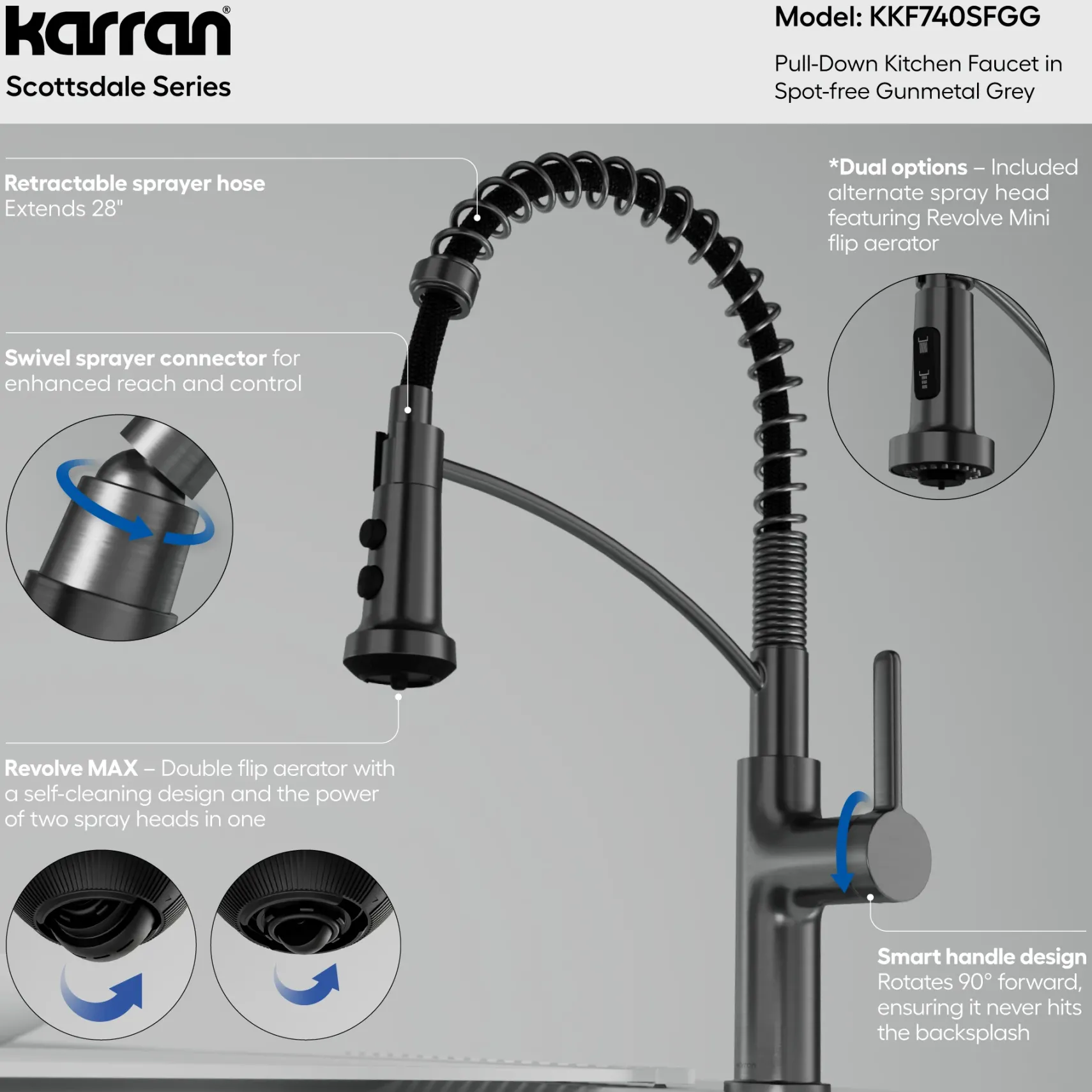Karran Scottsdale 1.8 GPM Single Lever Lead-free Brass ADA Kitchen Faucet, Pull-Down, Spot-Free Gunmetal Grey, KKF740SFGG