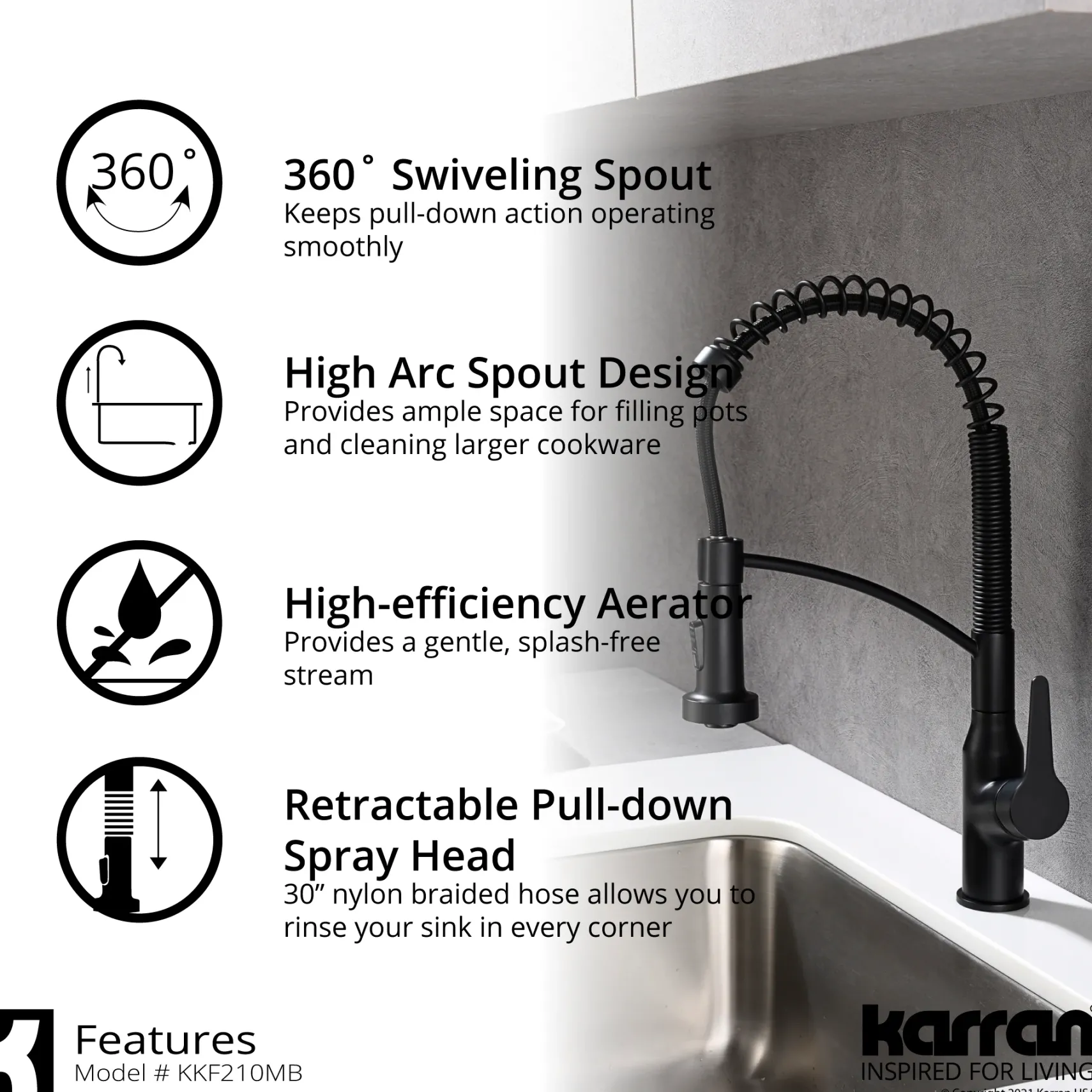 Karran Scottsdale 1.8 GPM Single Lever Handle Lead-free Brass ADA Kitchen Faucet, Pull-Down Kitchen, Matte Black, KKF210SD35MB