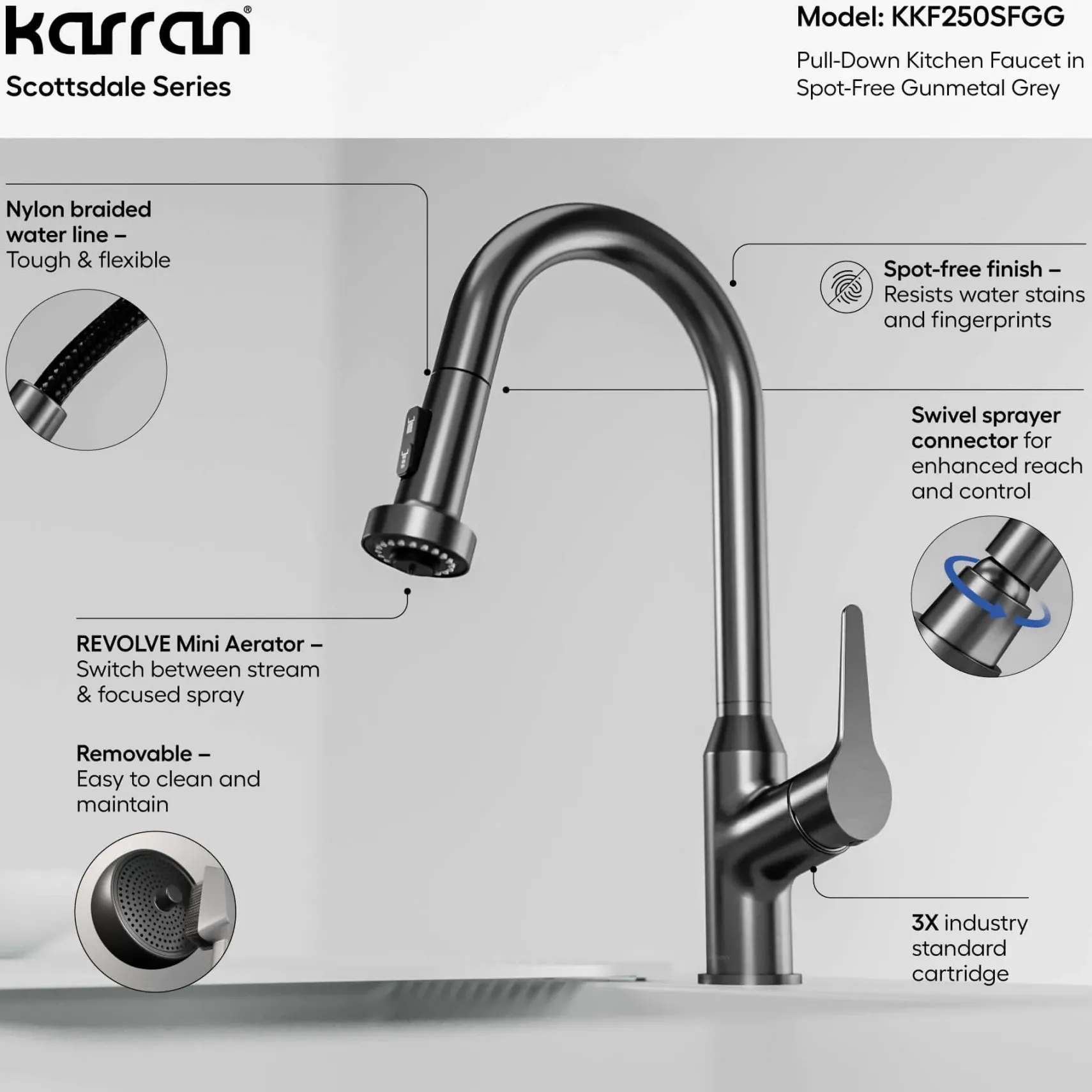 Karran Scottsdale 1.8 GPM Single Lever Handle Lead-free Brass ADA Kitchen Faucet, Pull-Down, Spot-Free Gunmetal Grey, KKF250SFGG