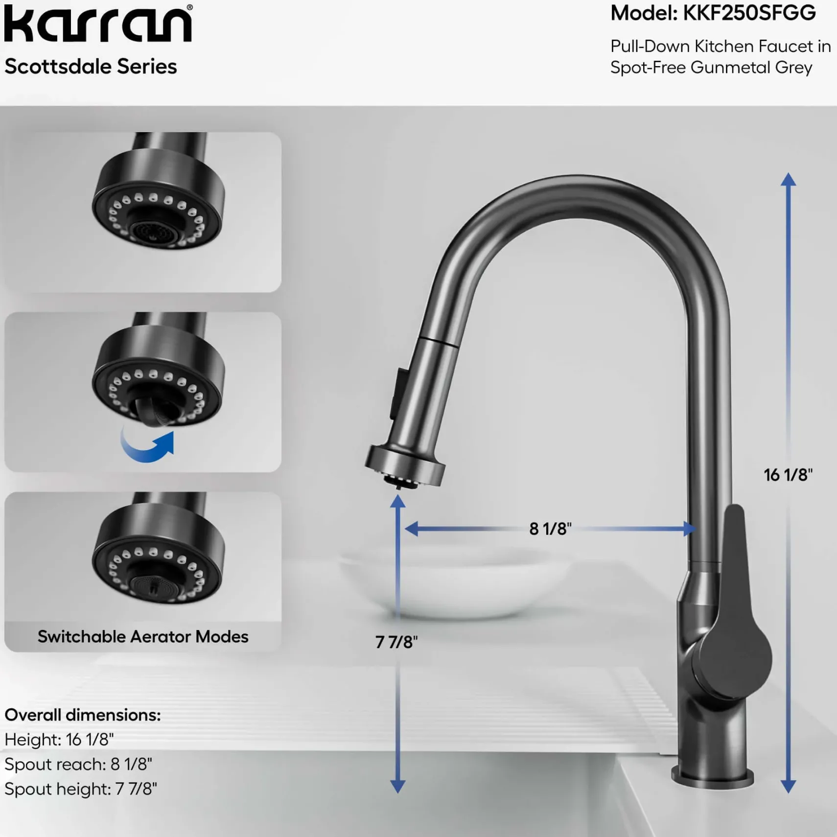 Karran Scottsdale 1.8 GPM Single Lever Handle Lead-free Brass ADA Kitchen Faucet, Pull-Down, Spot-Free Gunmetal Grey, KKF250SFGG
