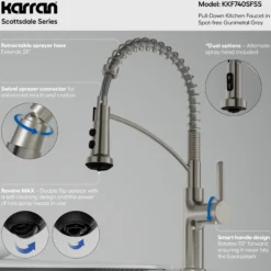 Karran Scottsdale 1.8 GPM Single Lever Lead-free Brass ADA Kitchen Faucet, Pull-Down, Spot Free Stainless Steel, KKF740SFSS
