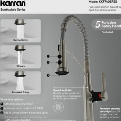Karran Scottsdale 1.8 GPM Single Lever Lead-free Brass ADA Kitchen Faucet, Pull-Down, Spot Free Stainless Steel, KKF740SFSS