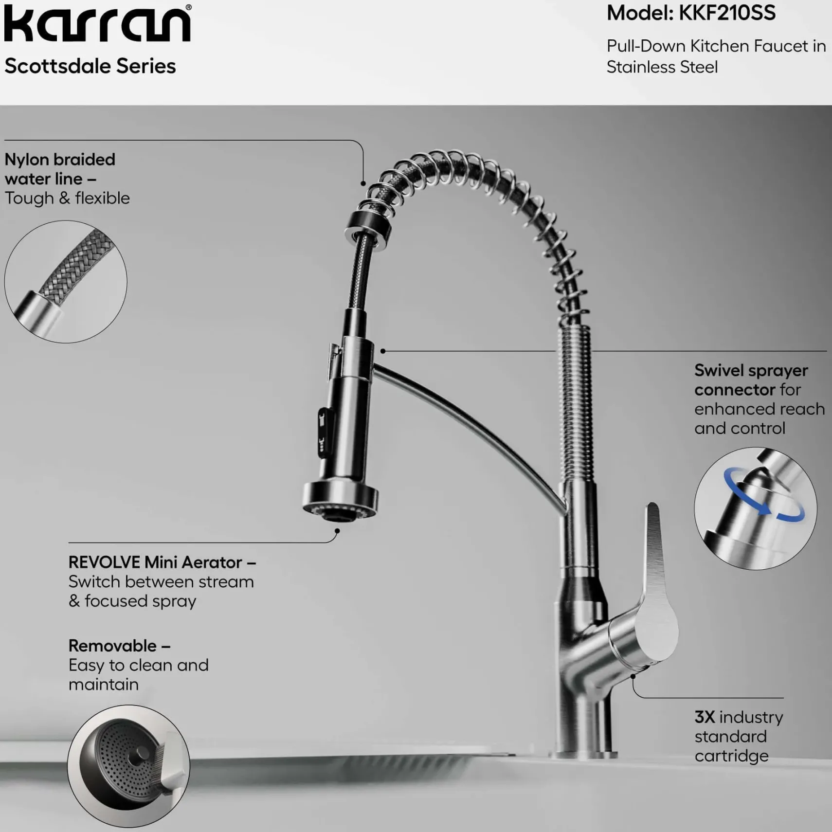 Karran Scottsdale Single Lever Handle Lead-free Brass ADA Kitchen Faucet, Pull Down, Stainless Steel, KKF210SS