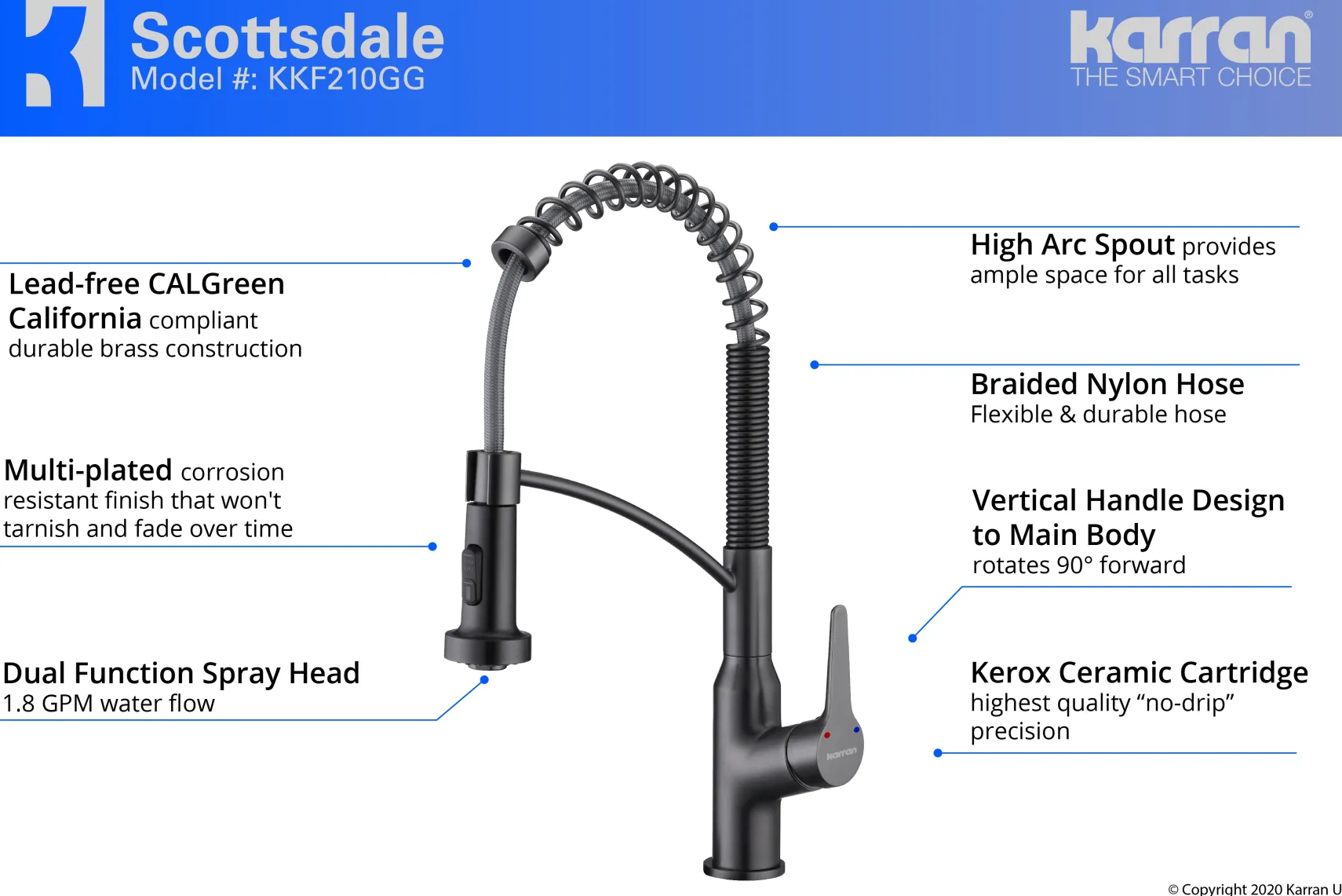 Karran Scottsdale Single Lever Handle Lead-free Brass ADA Kitchen Faucet, Pull Down, Gun Metal Grey, KKF210GG