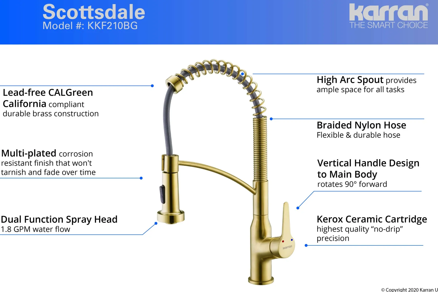 Karran Scottsdale Single Lever Handle Lead-free Brass ADA Kitchen Faucet, Pull Down, Brushed Gold, KKF210BG