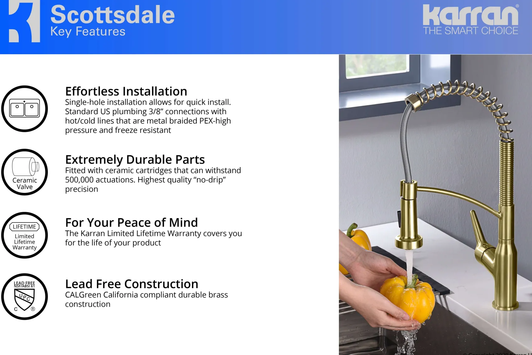 Karran Scottsdale Single Lever Handle Lead-free Brass ADA Kitchen Faucet, Pull Down, Brushed Gold, KKF210BG