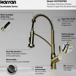 Karran Scottsdale Touchless Pull-Down Kitchen Faucet, Spot-Free Brushed Gold, Brass, KKF215SFBG