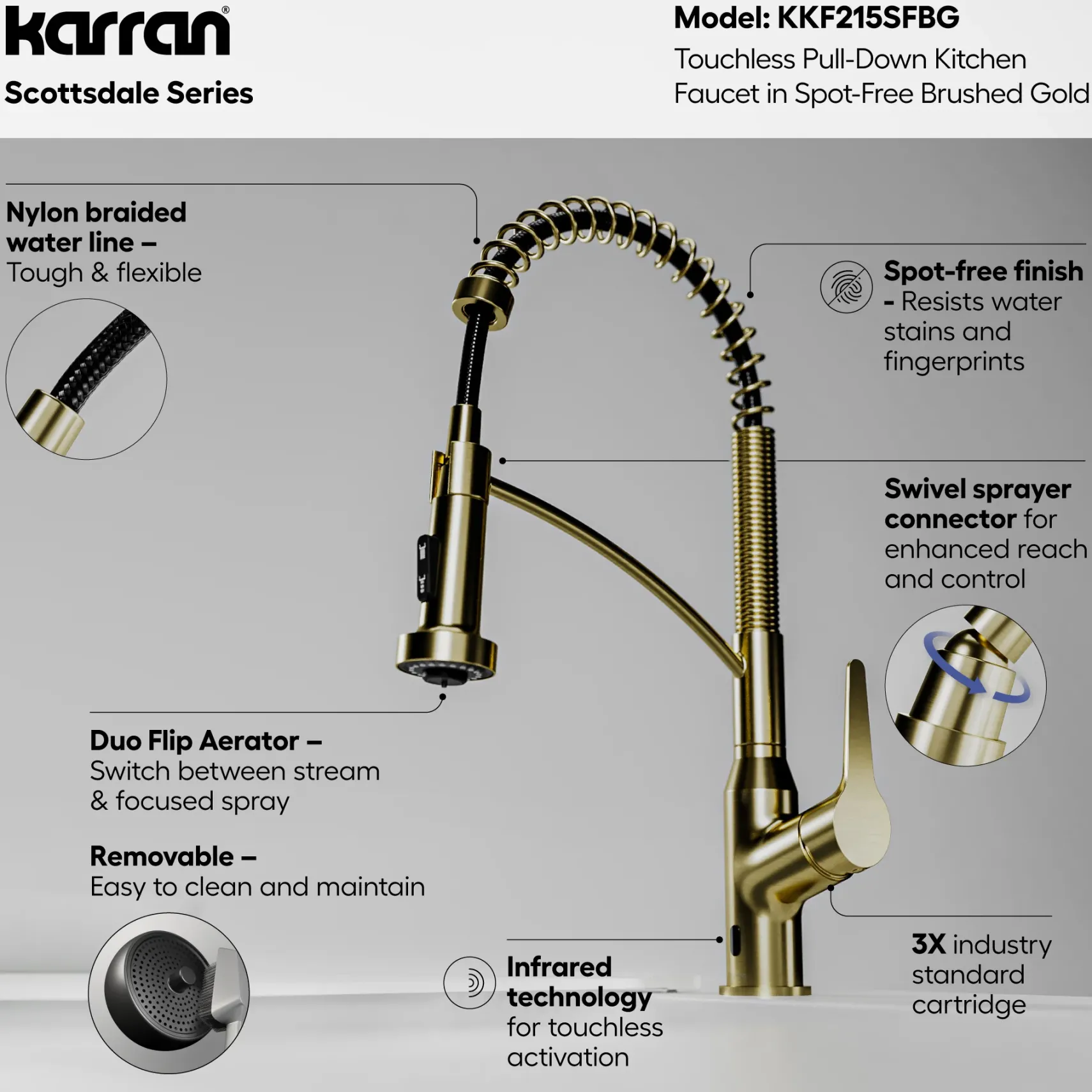 Karran Scottsdale Touchless Pull-Down Kitchen Faucet, Spot-Free Brushed Gold, Brass, KKF215SFBG
