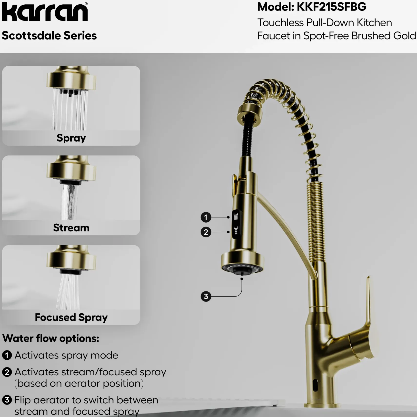Karran Scottsdale Touchless Pull-Down Kitchen Faucet, Spot-Free Brushed Gold, Brass, KKF215SFBG