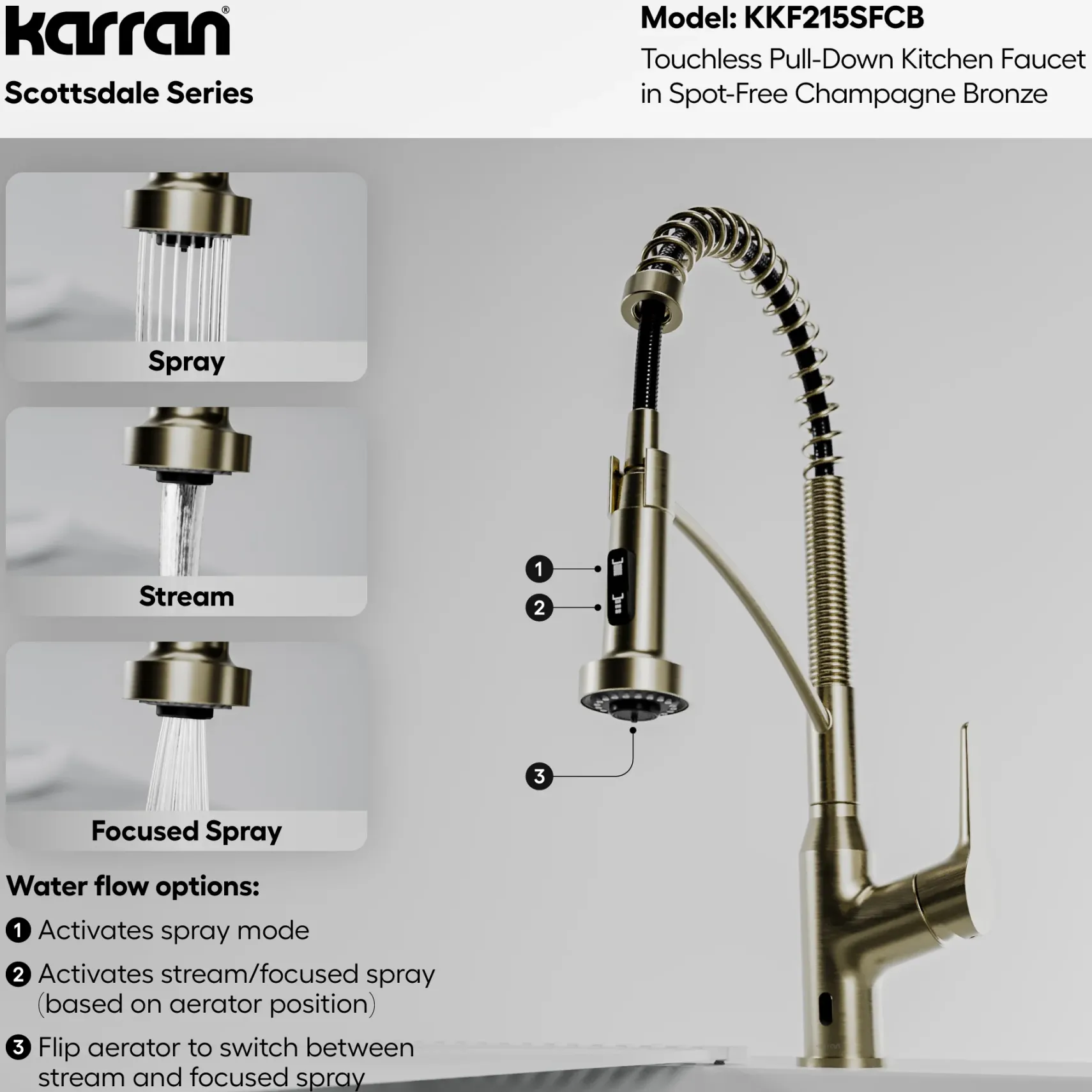 Karran Scottsdale Touchless Pull-Down Kitchen Faucet, Spot-Free Champagne Bronze, Brass, KKF215SFCB