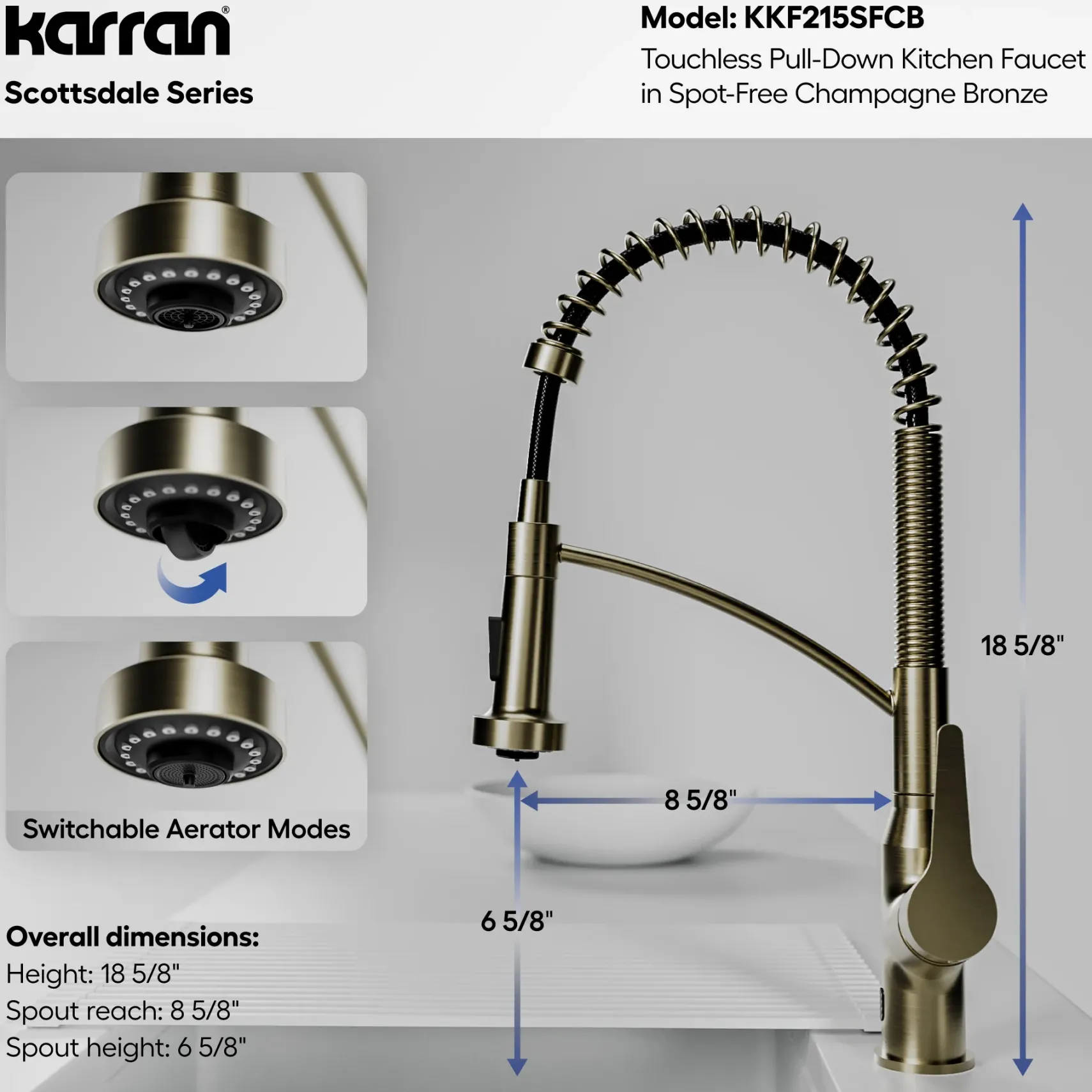 Karran Scottsdale Touchless Pull-Down Kitchen Faucet, Spot-Free Champagne Bronze, Brass, KKF215SFCB