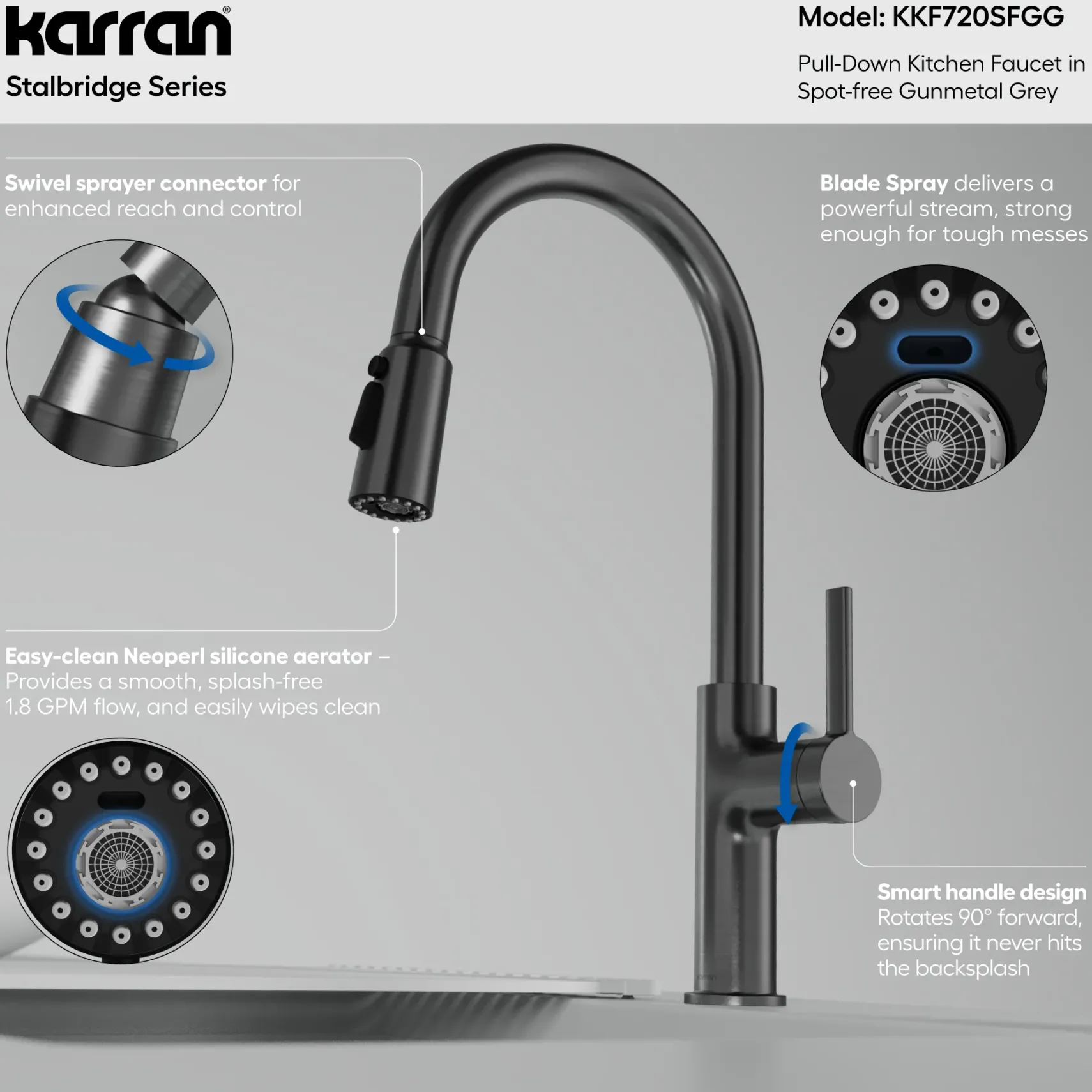 Karran Stalbridge 1.8 GPM Single Lever Lead-free Brass ADA Kitchen Faucet, Pull-Down, Spot-Free Gunmetal Grey, KKF720SFGG