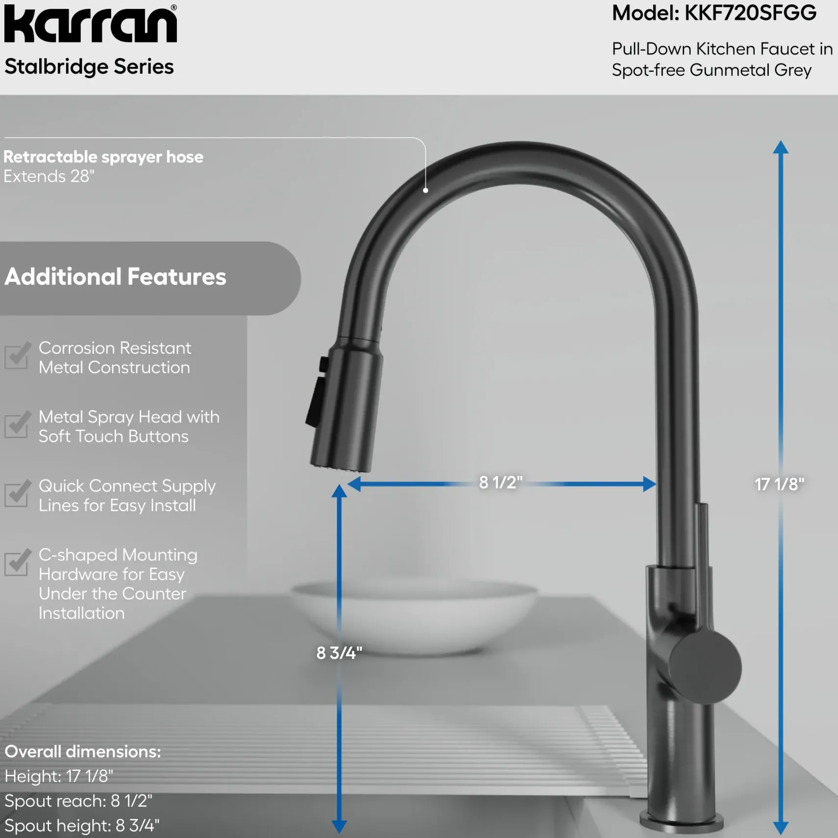 Karran Stalbridge 1.8 GPM Single Lever Lead-free Brass ADA Kitchen Faucet, Pull-Down, Spot-Free Gunmetal Grey, KKF720SFGG
