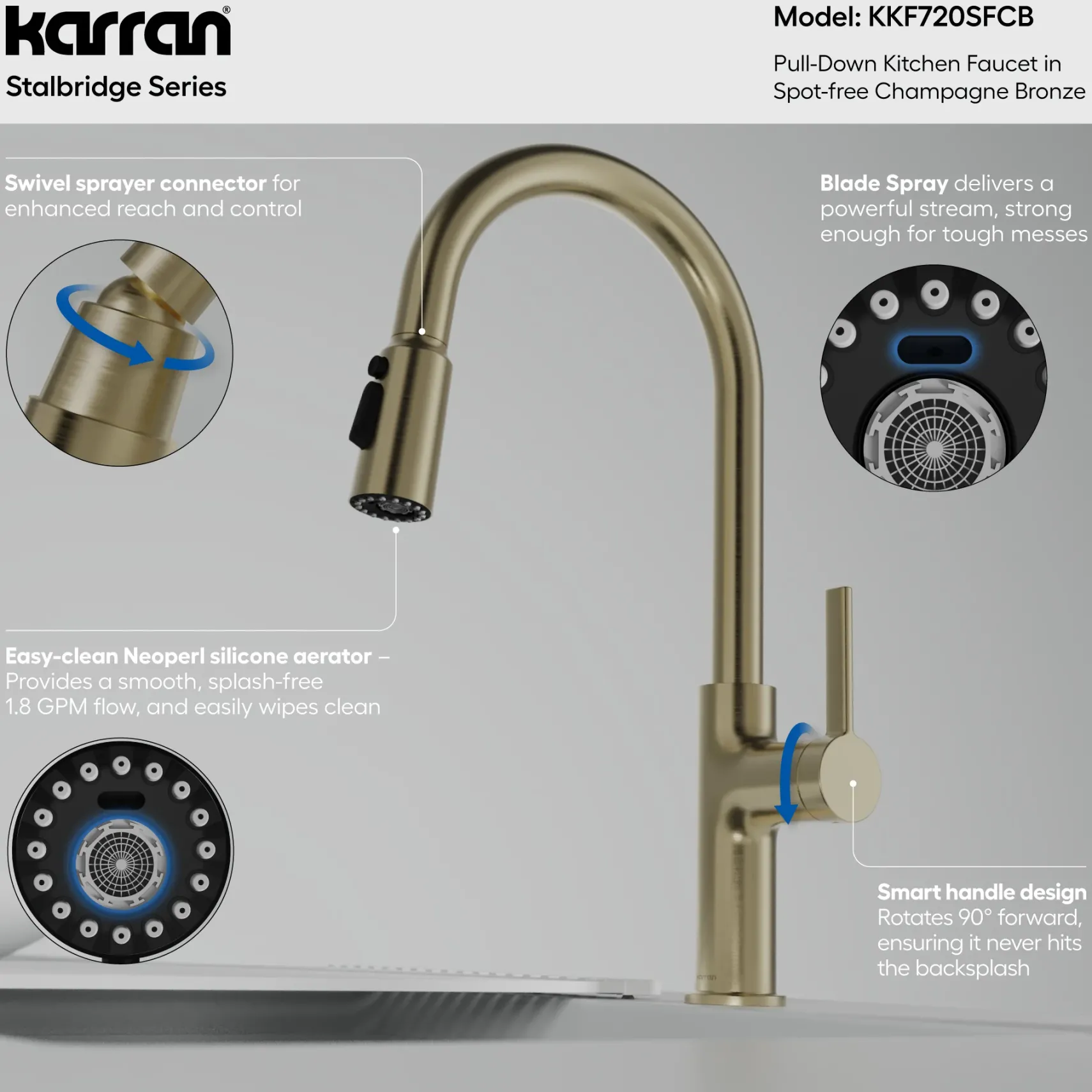 Karran Stalbridge 1.8 GPM Single Lever Lead-free Brass ADA Kitchen Faucet, Pull-Down, Spot-Free Champagne Bronze, KKF720SFCB