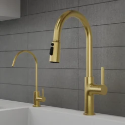 Karran Stalbridge 1.8 GPM Single Lever Lead-free Brass ADA Kitchen Faucet, Pull-Down, Spot-Free Brushed Gold, KKF720SFBG
