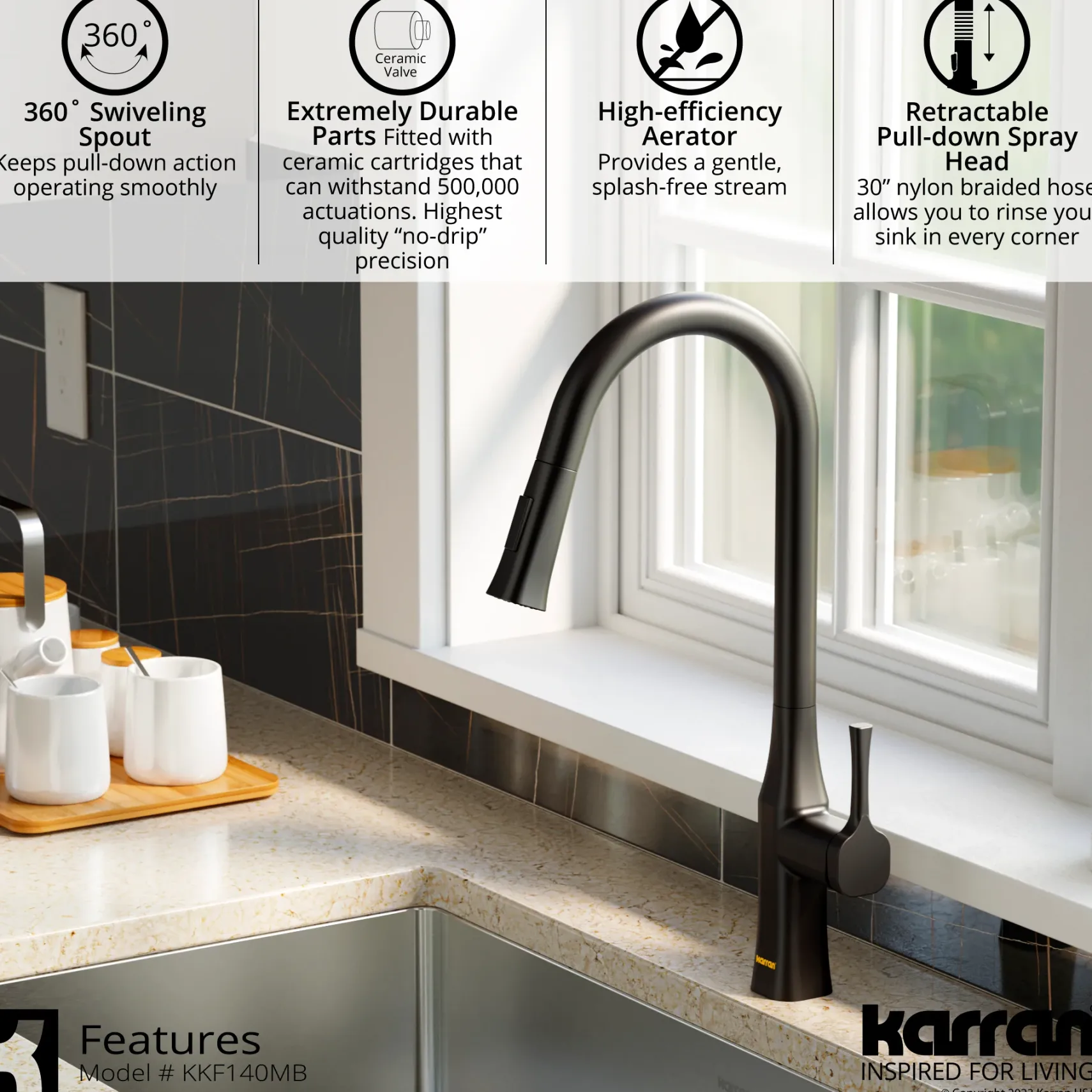 Karran Standerton 1.8 GPM Single Lever Handle Lead-free Brass ADA Kitchen Faucet, Pull-Down Kitchen, Matte Black, KKF140MB