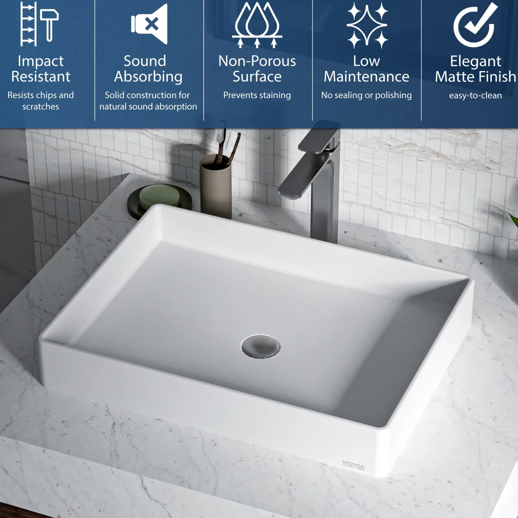 Karran Sternhagen 17.75" x 23.625" Rectangular Vessel Quartz Composite ADA Bathroom Sink, White, SQS500WH