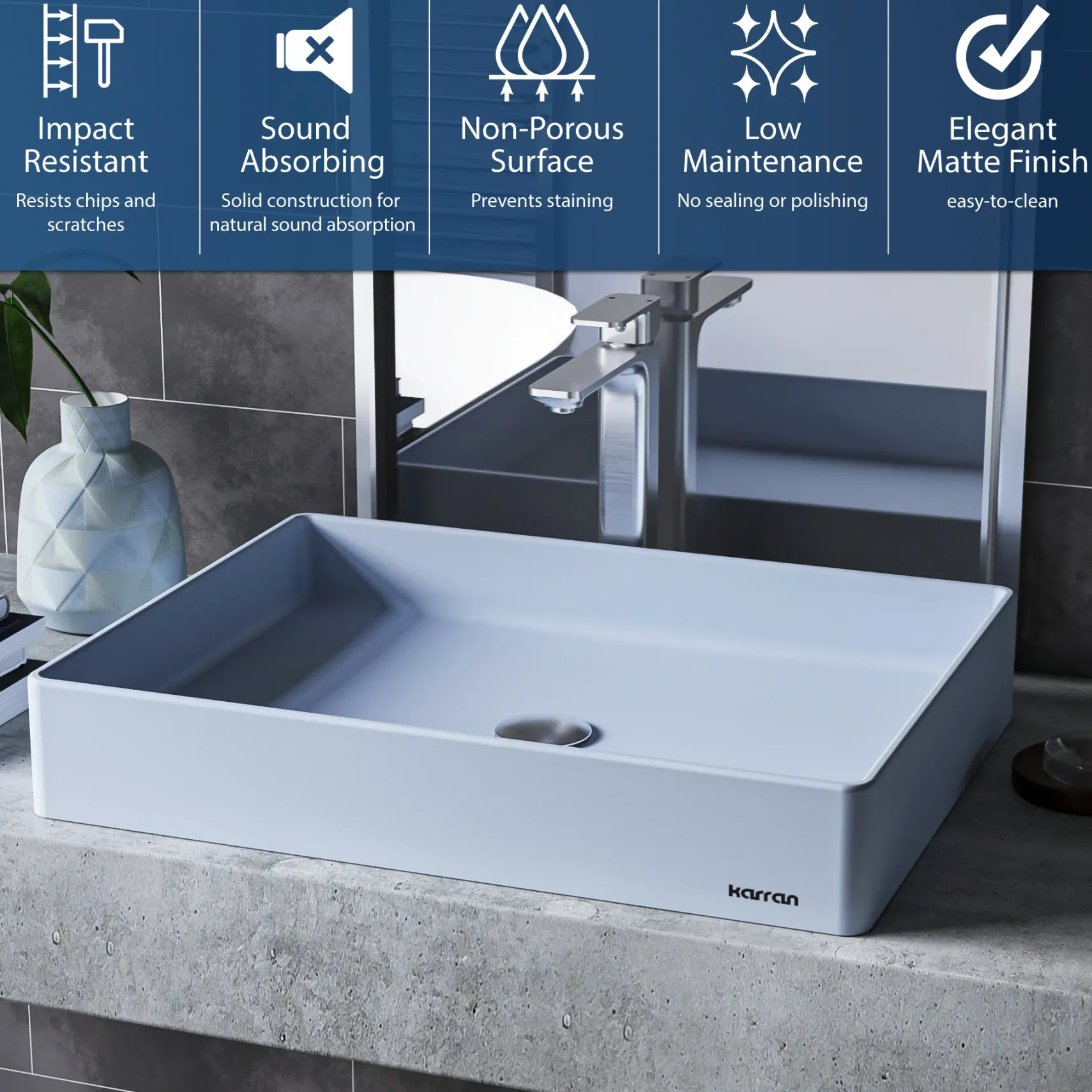 Karran Sternhagen 17.75" x 23.625" Rectangular Vessel Quartz Composite ADA Bathroom Sink, Ice Blue, SQS500IB
