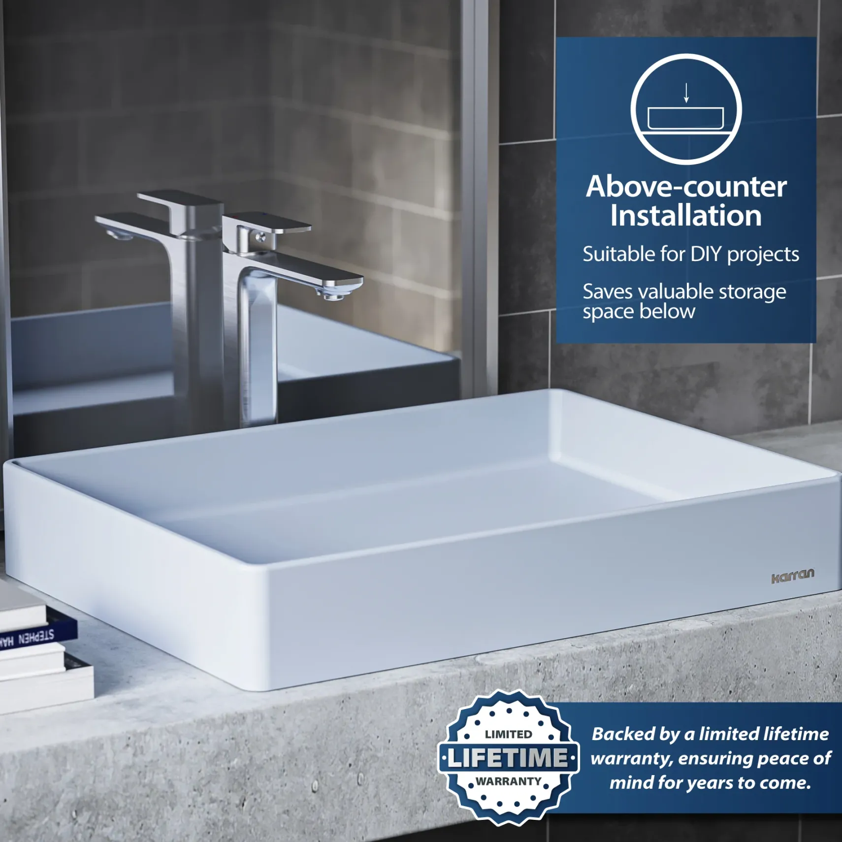 Karran Sternhagen 17.75" x 23.625" Rectangular Vessel Quartz Composite ADA Bathroom Sink, Ice Blue, SQS500IB