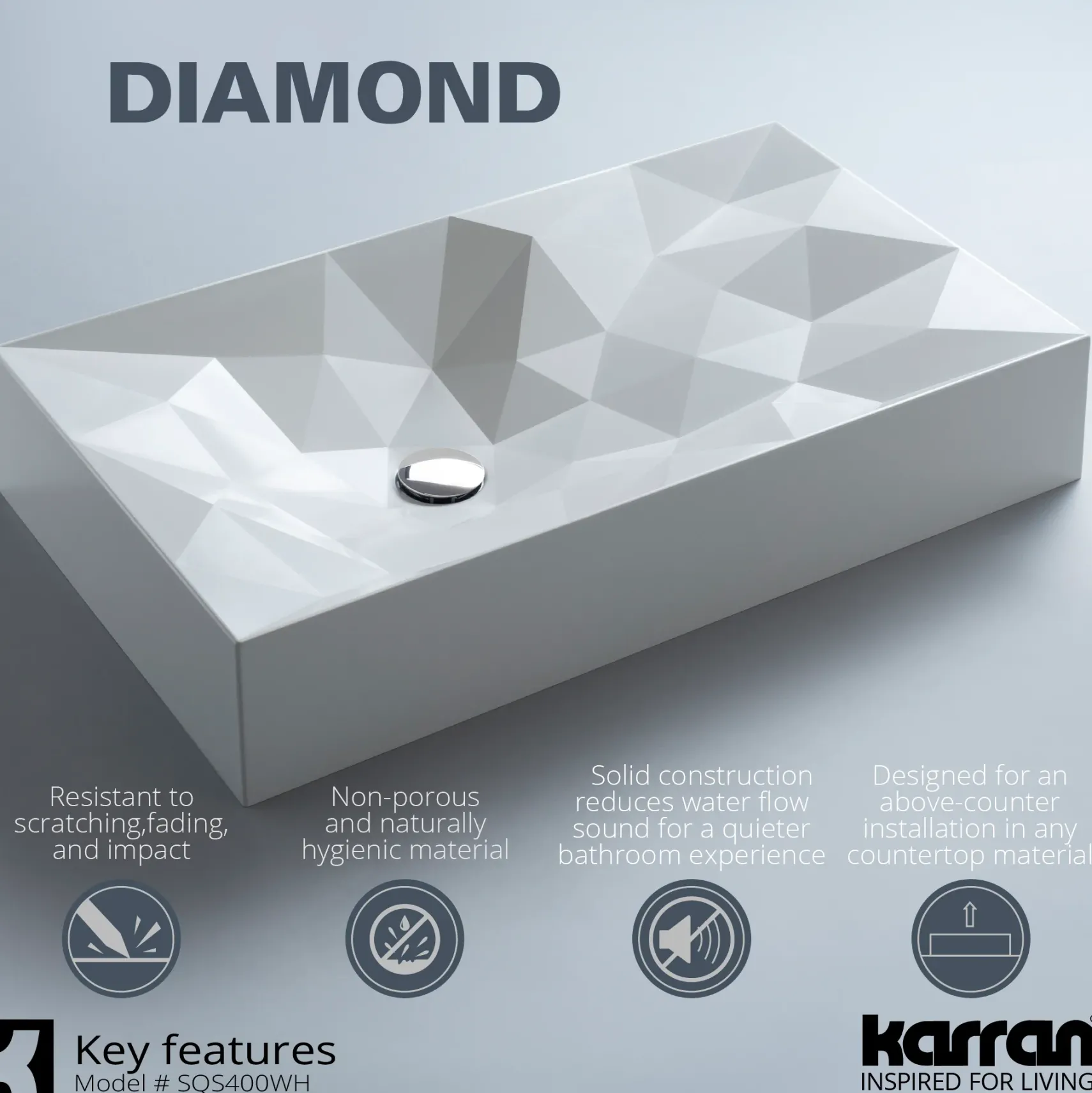 Karran Sternhagen Diamond 28.125" x 16.375" Rectangular Vessel Quartz Composite ADA Bathroom Sink, White, SQS400WH