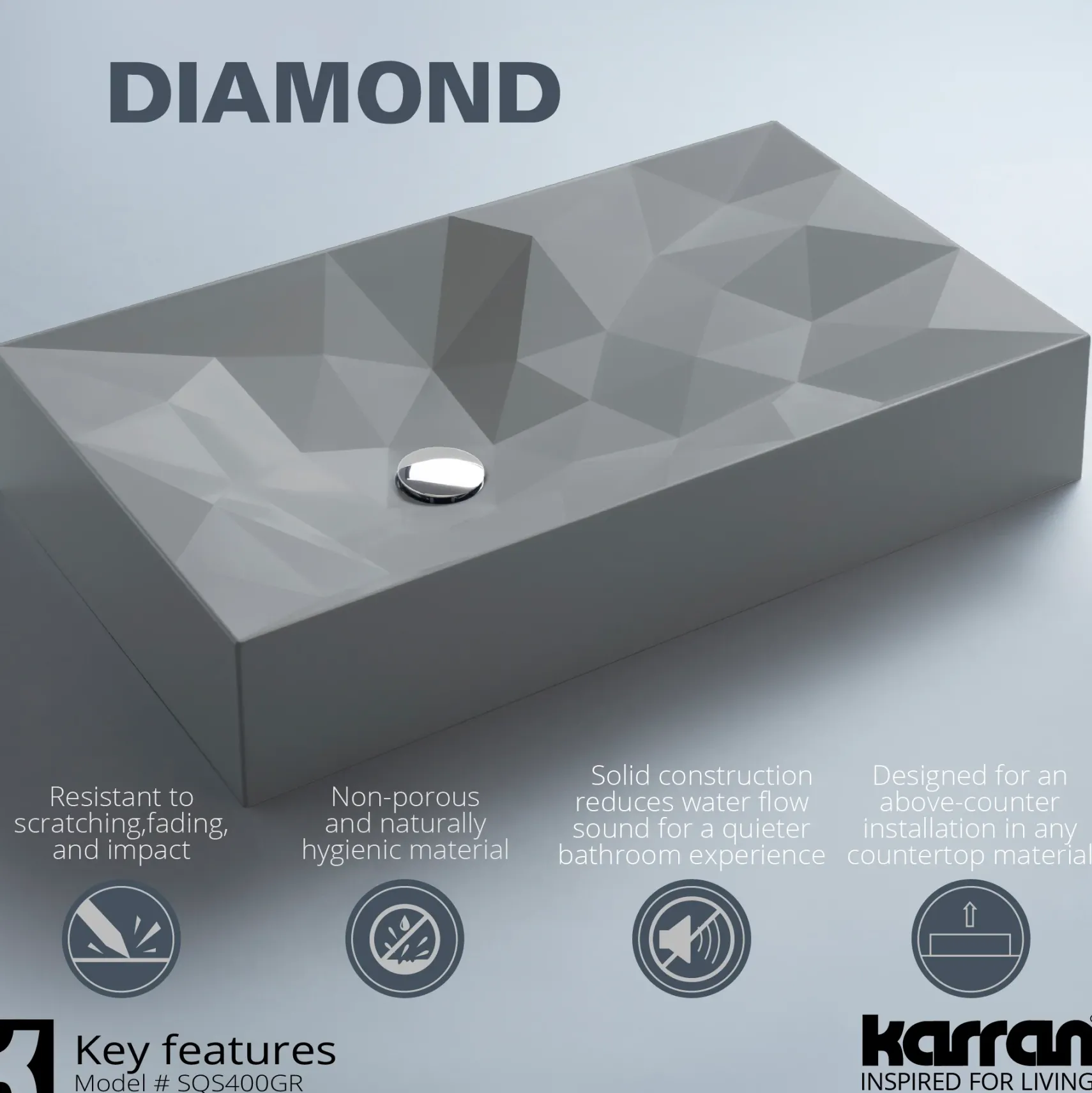 Karran Sternhagen Diamond 28.125" x 16.375" Rectangular Vessel Quartz Composite ADA Bathroom Sink, Grey, SQS400GR