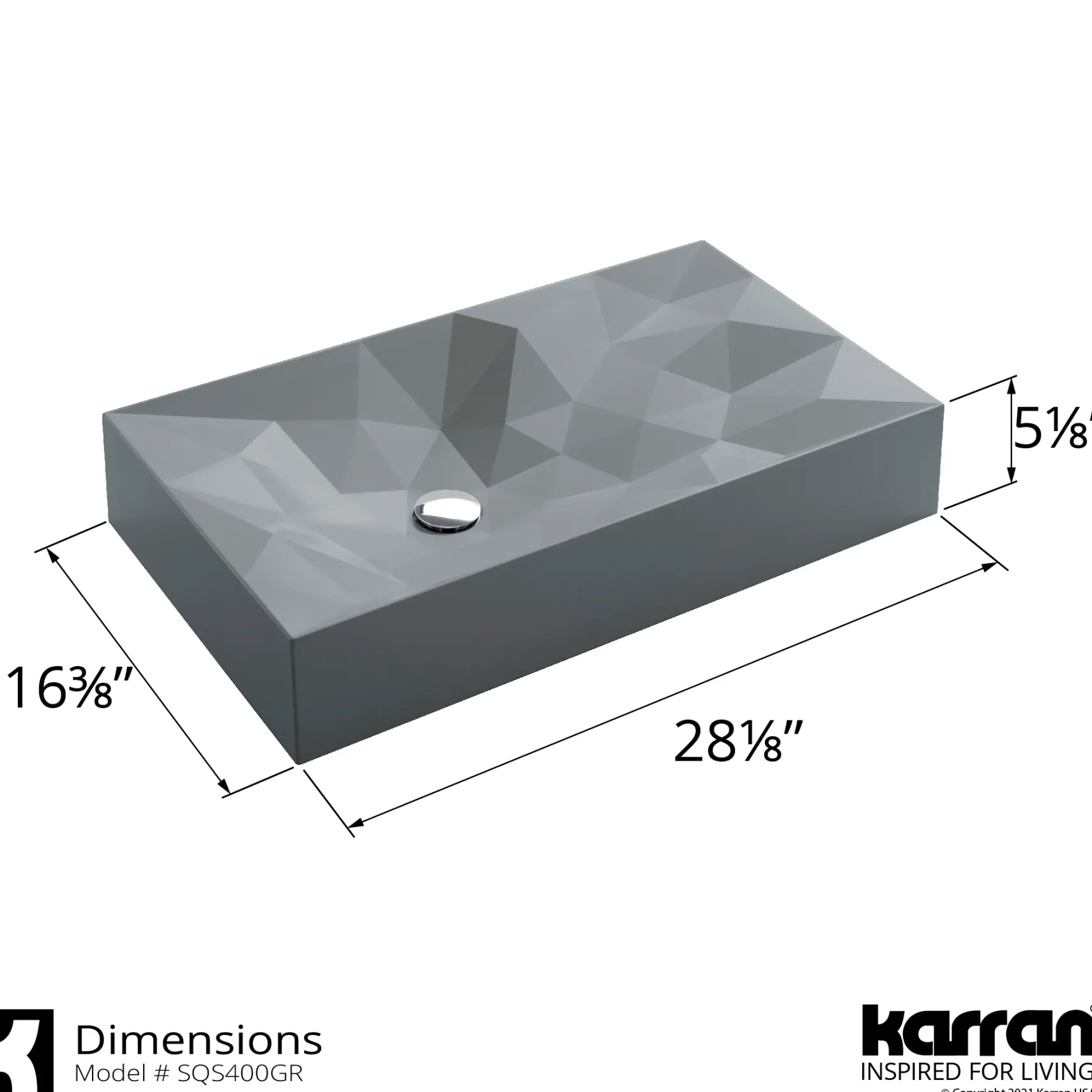 Karran Sternhagen Diamond 28.125" x 16.375" Rectangular Vessel Quartz Composite ADA Bathroom Sink, Grey, SQS400GR
