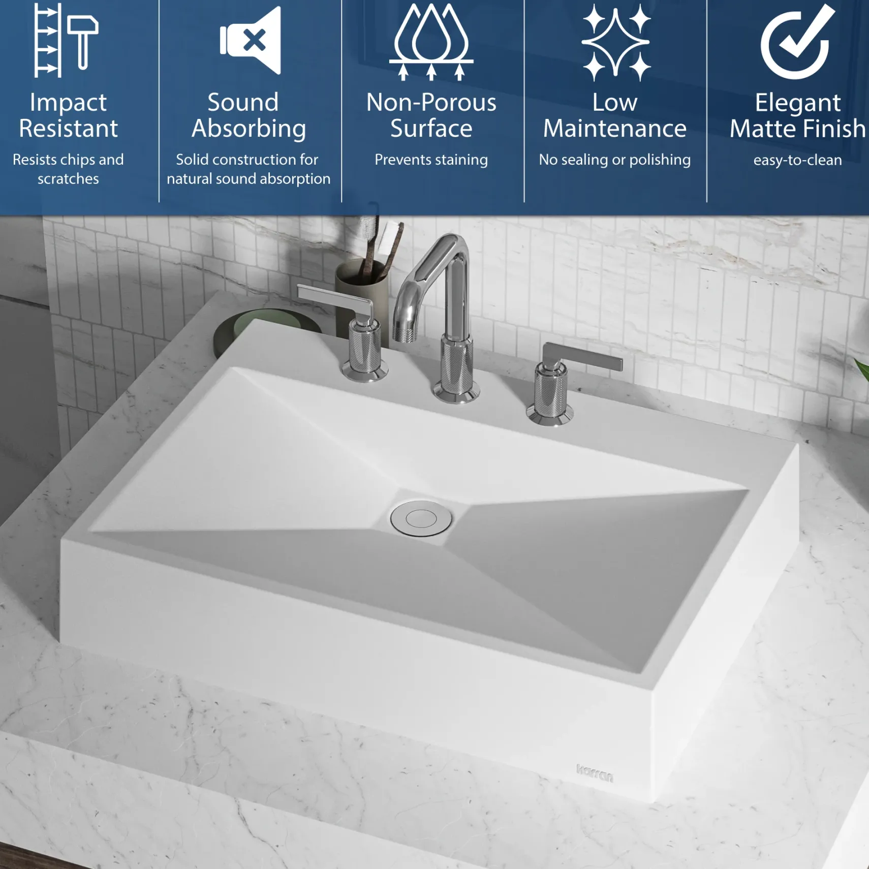 Karran Sternhagen Envy 24.25" x 17.5" Rectangular Vessel Quartz Composite ADA Bathroom Sink, White, SQS100WH