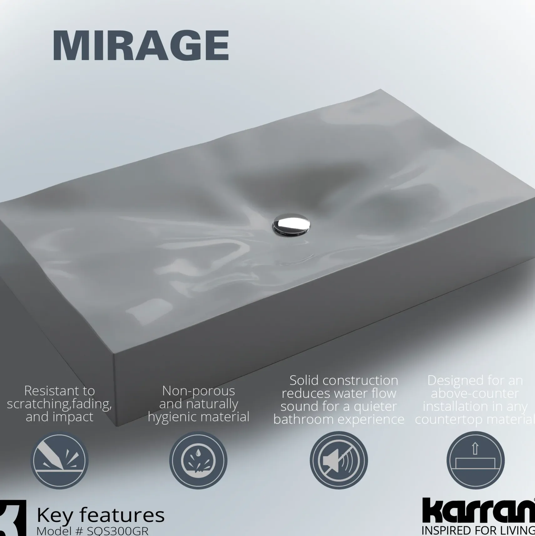 Karran Sternhagen Mirage 32.125" x 18.25" Rectangular Vessel Quartz Composite ADA Bathroom Sink, Grey, SQS300GR