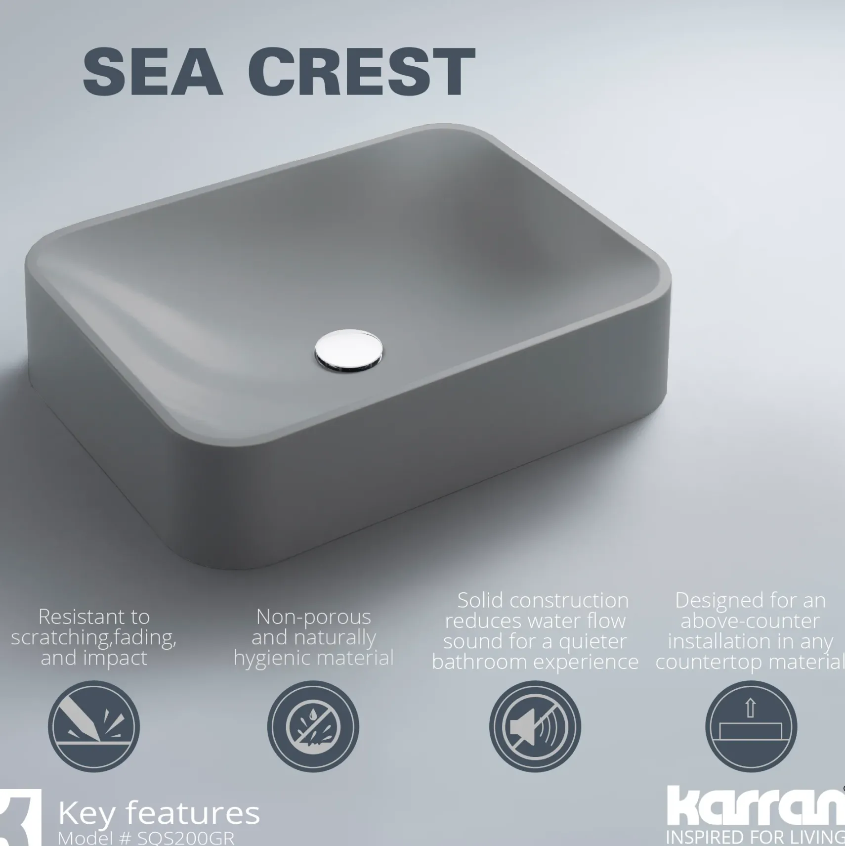 Karran Sternhagen Sea Crest 21.5" x 16.375" Rectangular Vessel Quartz Composite ADA Bathroom Sink, Grey, SQS200GR