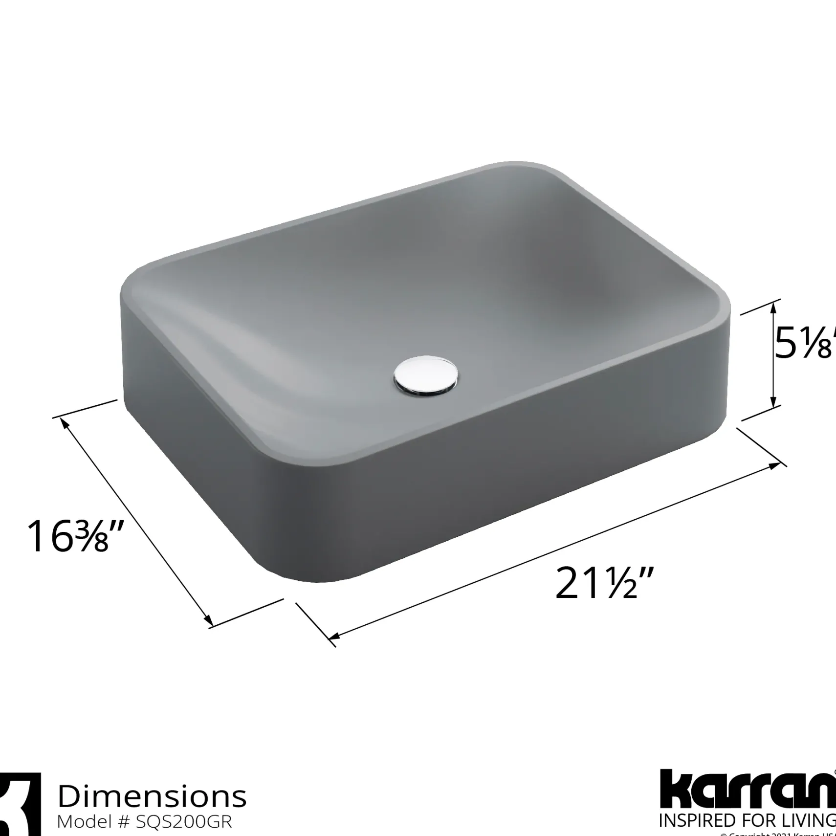 Karran Sternhagen Sea Crest 21.5" x 16.375" Rectangular Vessel Quartz Composite ADA Bathroom Sink, Grey, SQS200GR