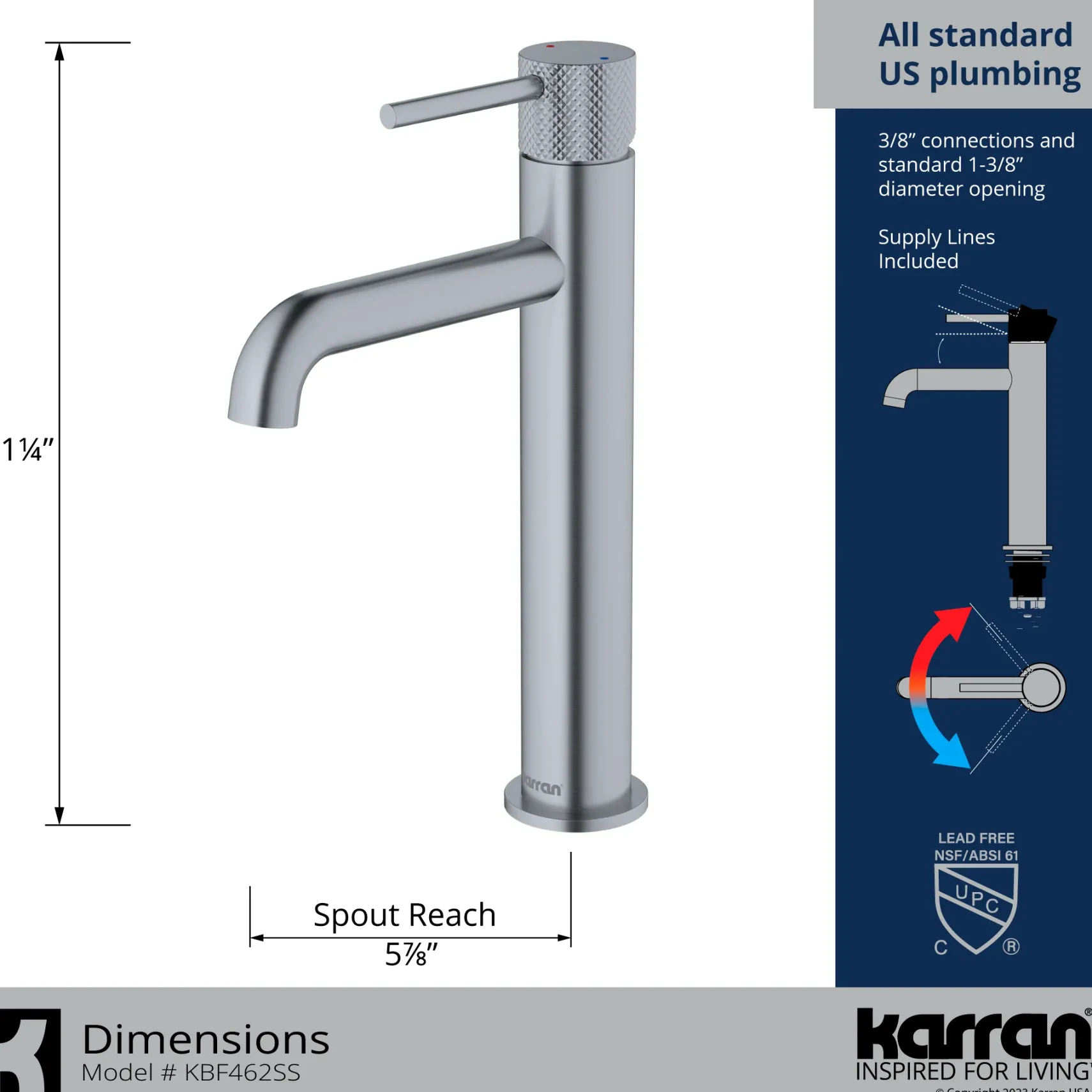 Karran Tryst 1.2 GPM Single Lever Handle Lead-free Brass ADA Bathroom Faucet, Vessel, Stainless Steel, KBF462SS