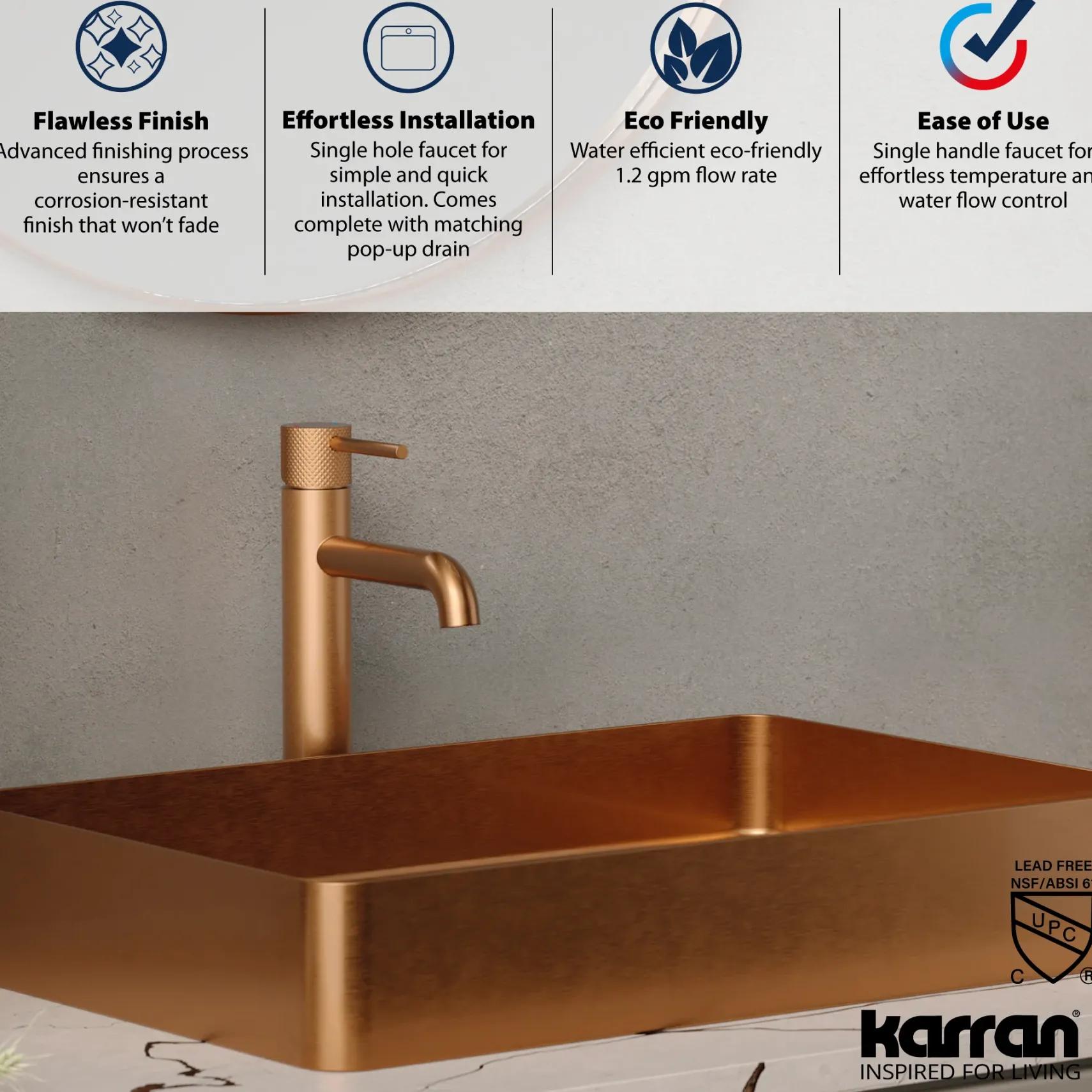 Karran Tryst 1.2 GPM Single Lever Handle Lead-free Brass ADA Bathroom Faucet, Vessel, Brushed Copper, KBF462BC