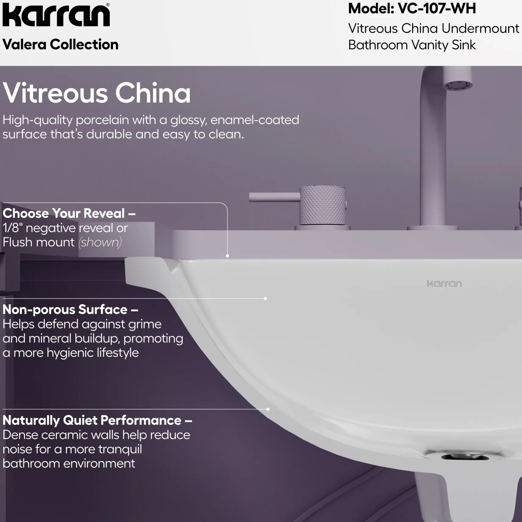 Karran Valera 15.375" x 20.5" Rectangular Undermount Vitreous China Bathroom Sink, White, VC-107-WH