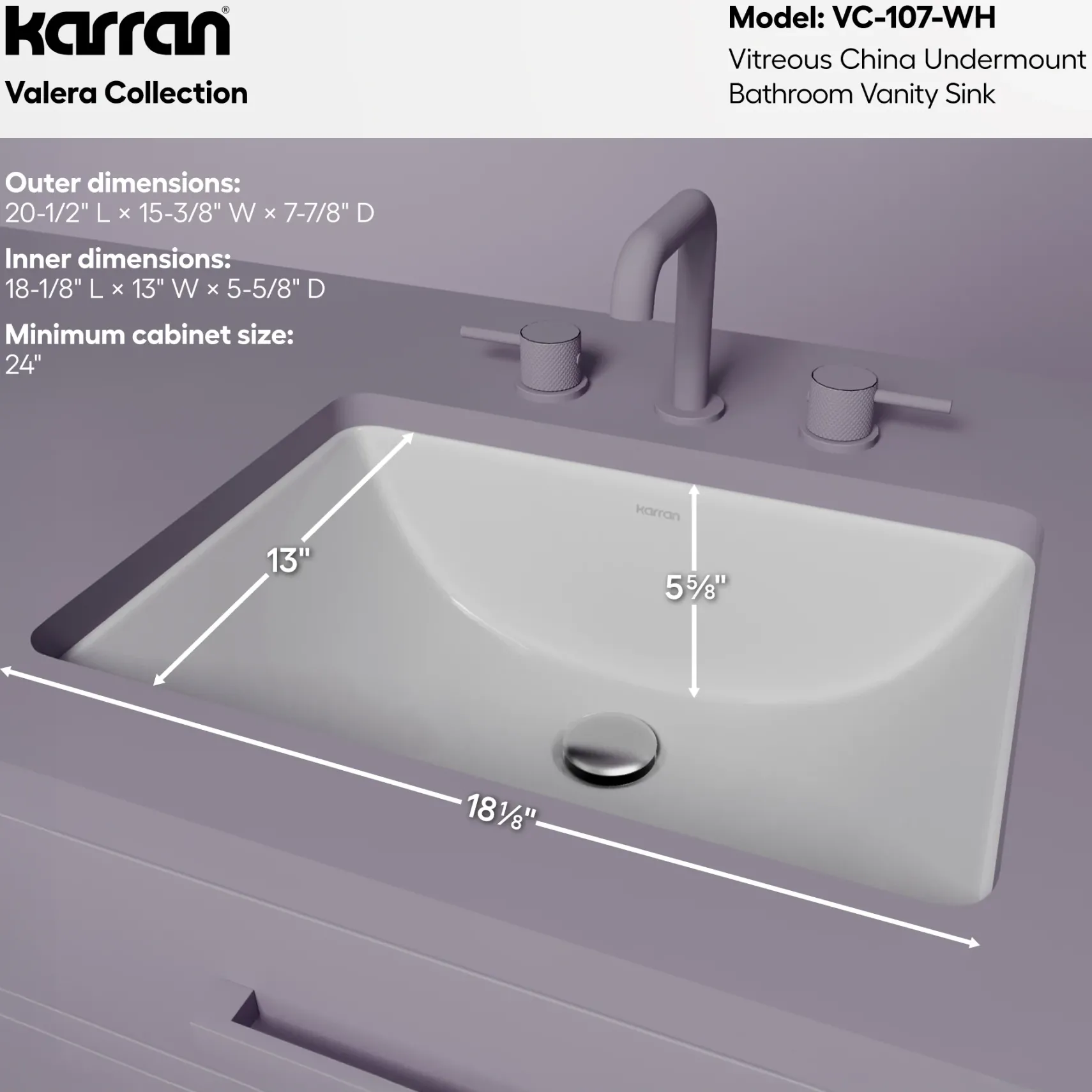Karran Valera 15.375" x 20.5" Rectangular Undermount Vitreous China Bathroom Sink, White, VC-107-WH