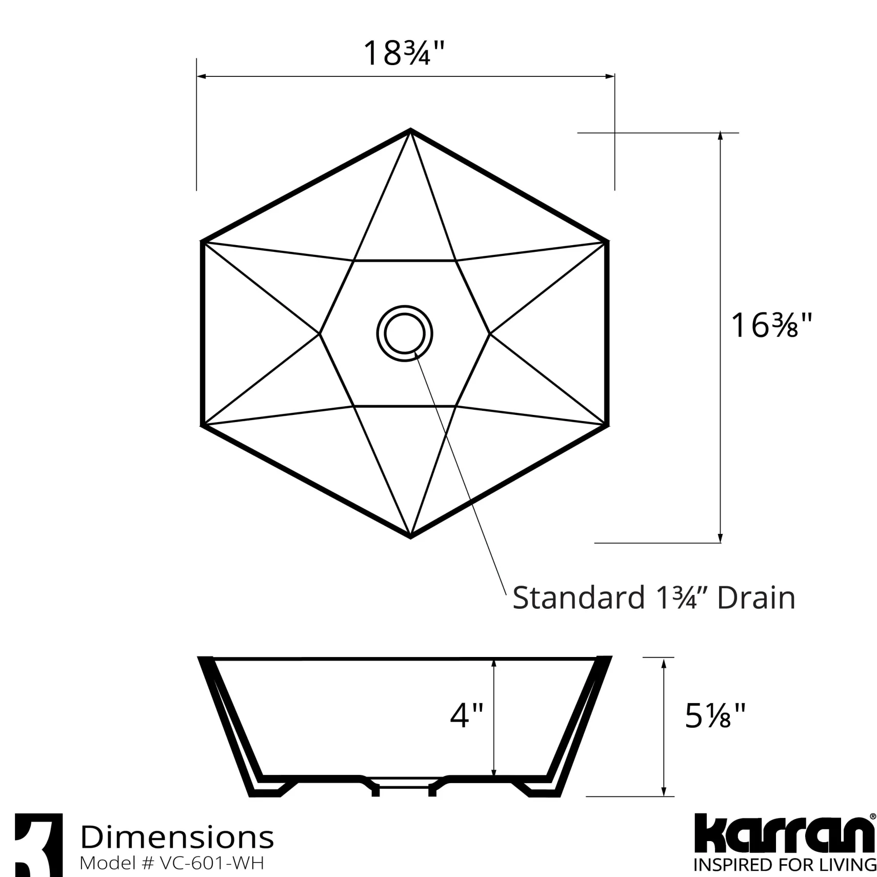 Karran Valera 18.75" x 16.375" x 4" Hexagon Vessel Vitreous China ADA Bathroom Sink, White, VC-601-WH