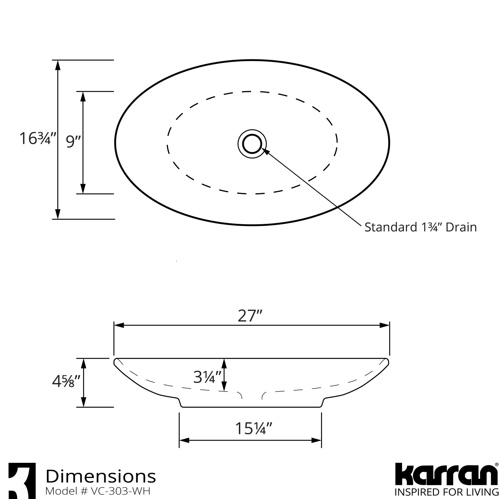 Karran Valera 27" x 163/4" x 31/4" Oval Vessel Vitreous China ADA Bathroom Sink, White, VC-303-WH