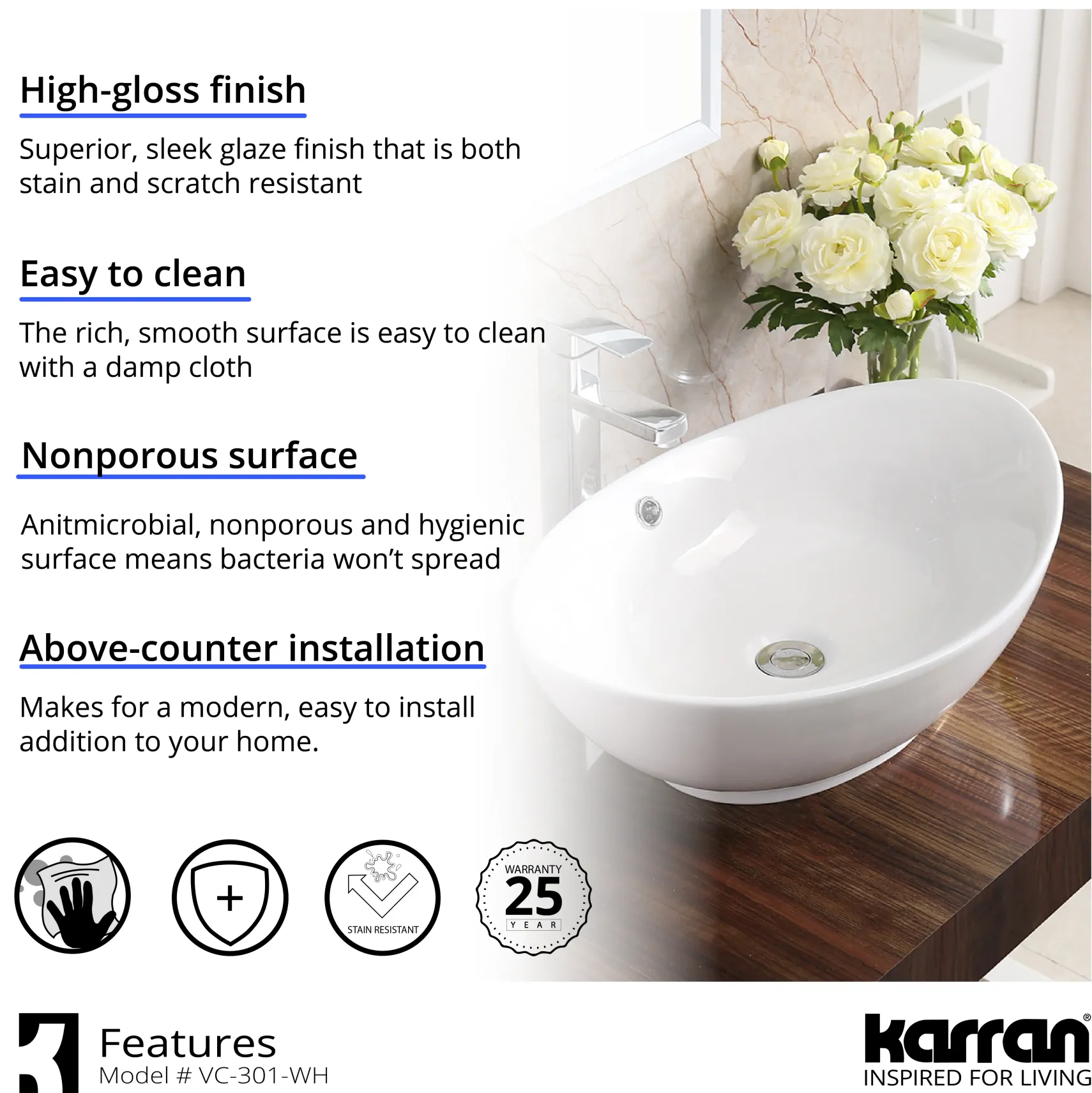 Karran Valera 22.875" x 14.875" x 4.5" Oval Vessel Vitreous China ADA Bathroom Sink, White, VC-301-WH
