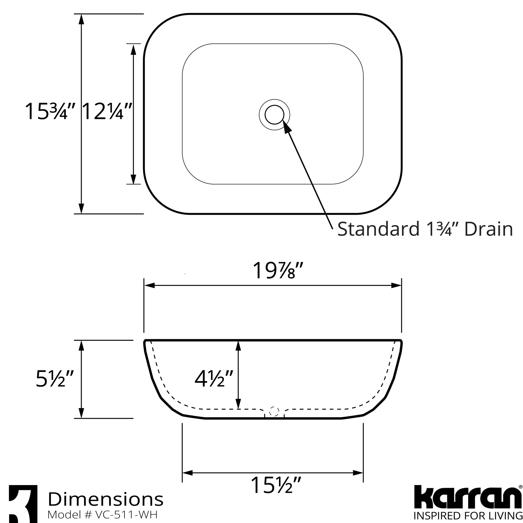 Karran Valera 19.875" x 15.75" x 4.5" Rectangular Vessel Vitreous China ADA Bathroom Sink, White, VC-511-WH