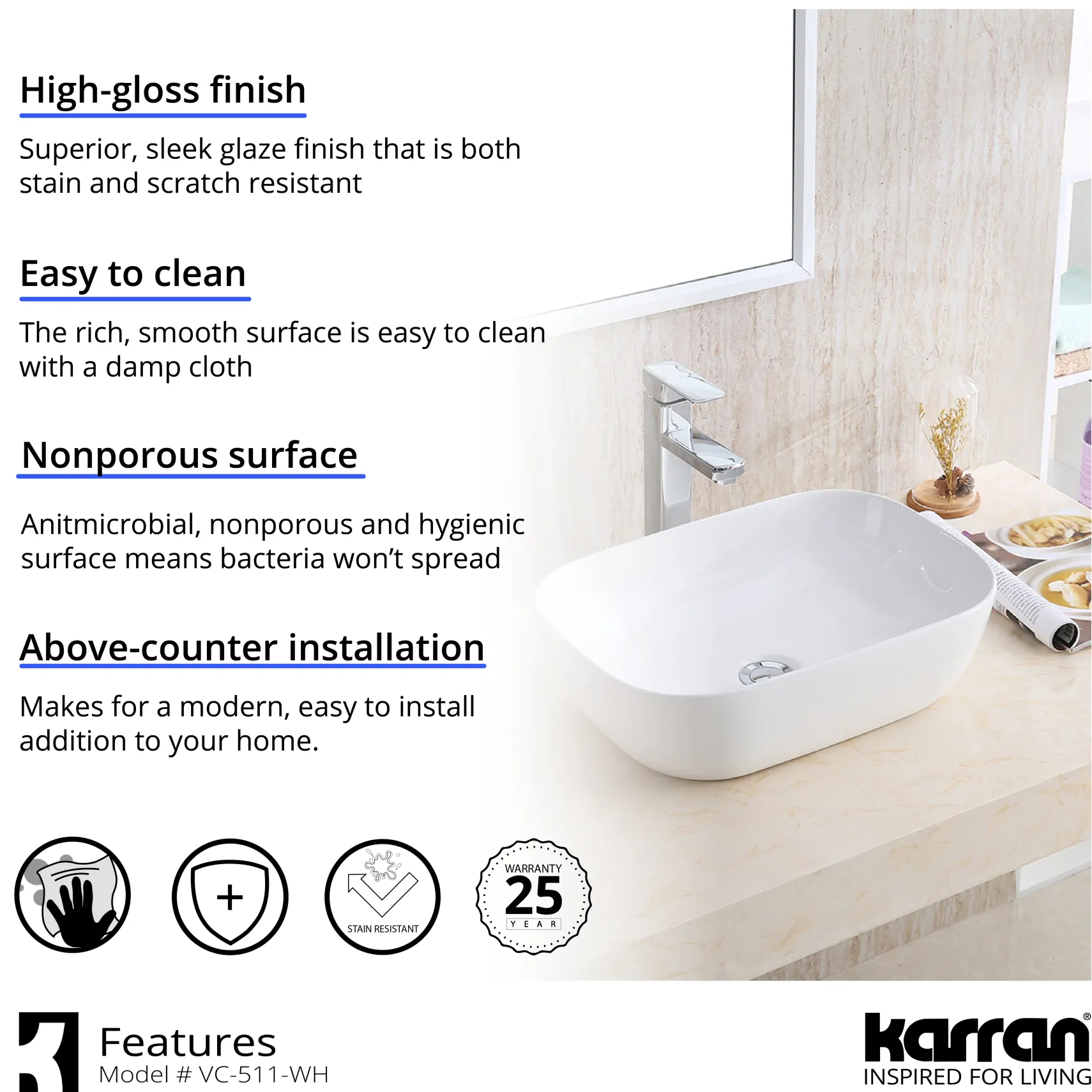 Karran Valera 19.875" x 15.75" x 4.5" Rectangular Vessel Vitreous China ADA Bathroom Sink, White, VC-511-WH