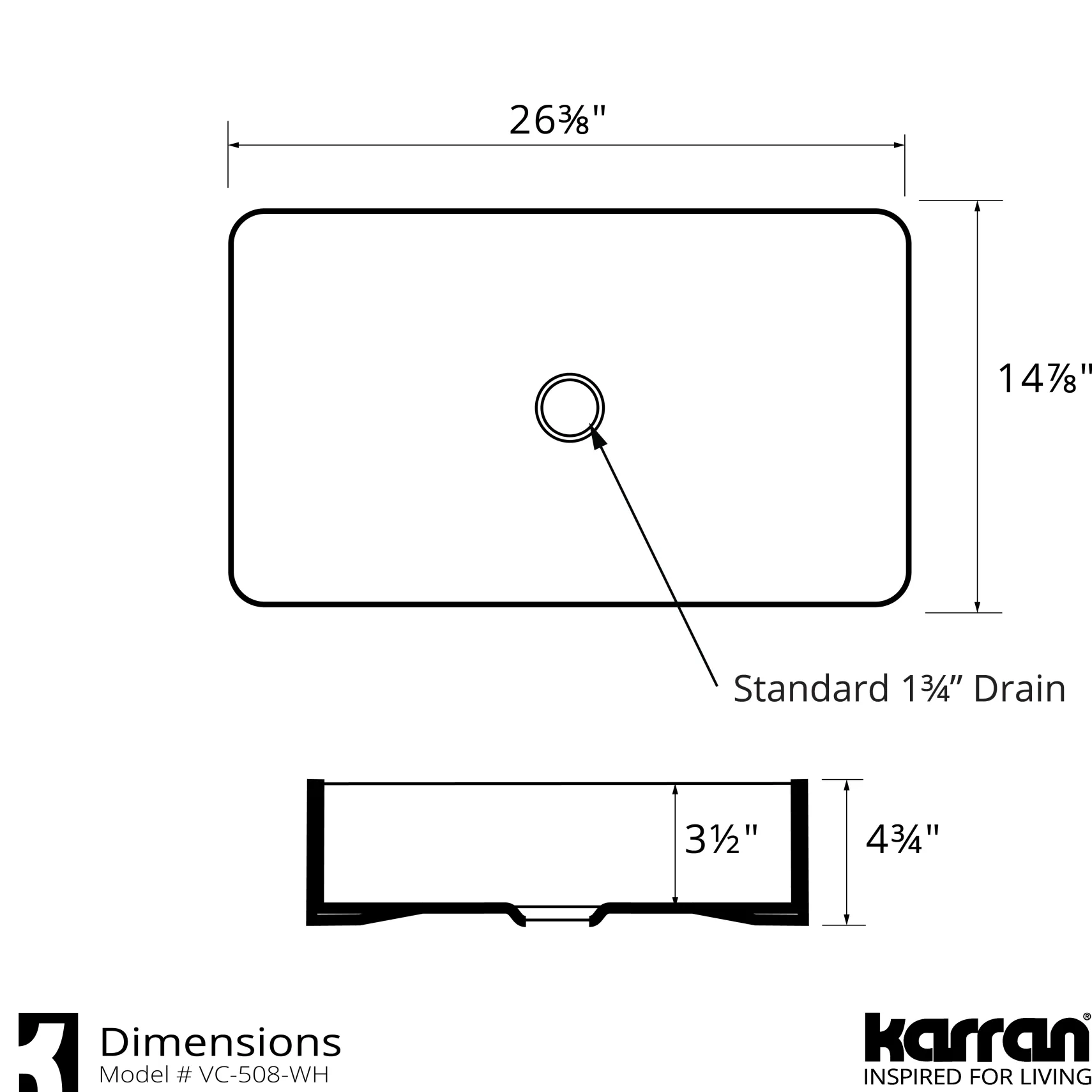 Karran Valera 26.375" x 14.875" x 3.5" Rectangular Vessel Vitreous China ADA Bathroom Sink, White, VC-508-WH